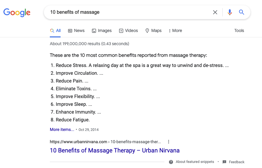 featured snippet for 10 benefits of massage
