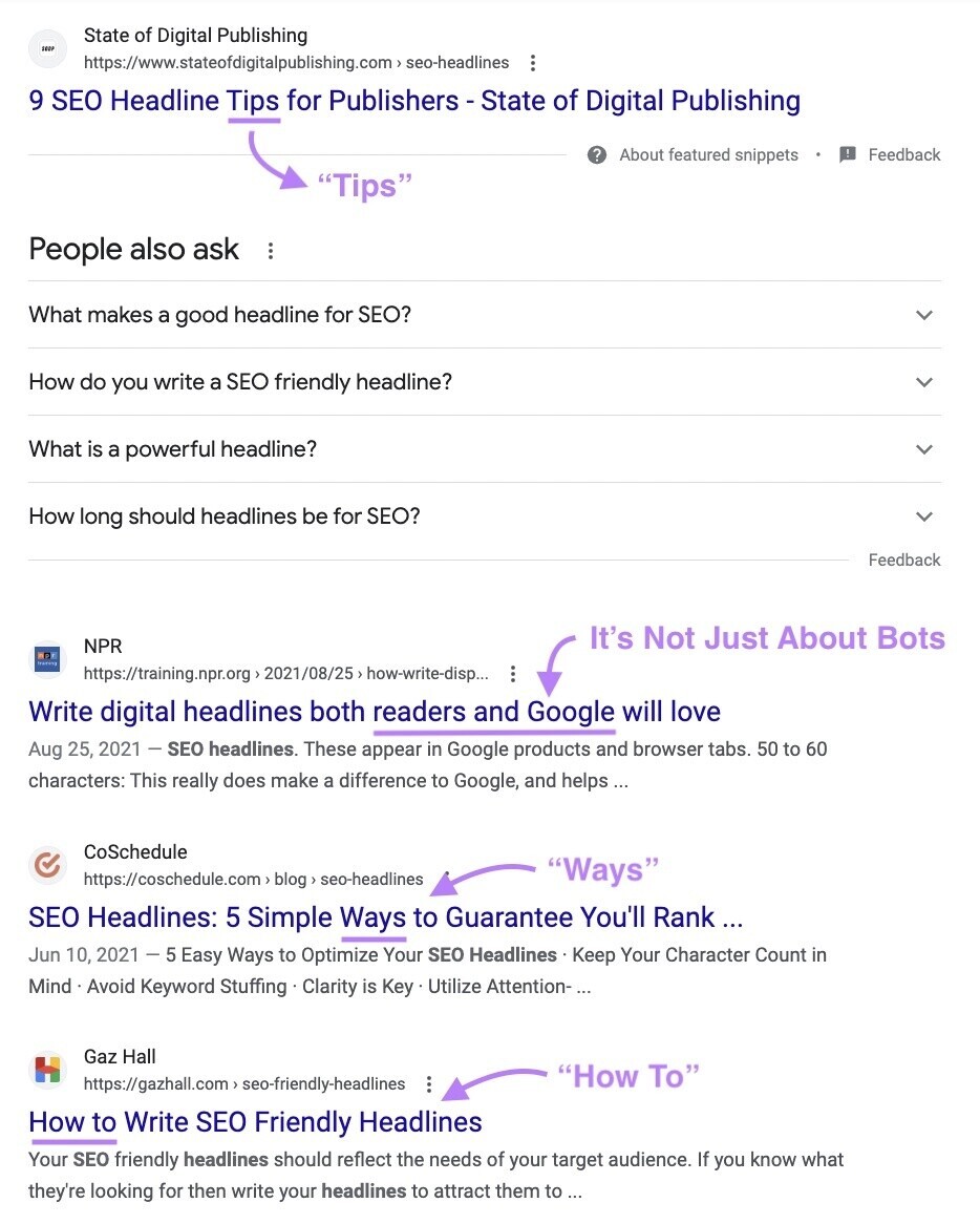 a cached version of the Google search results for "seo headline" search in Keyword Overview