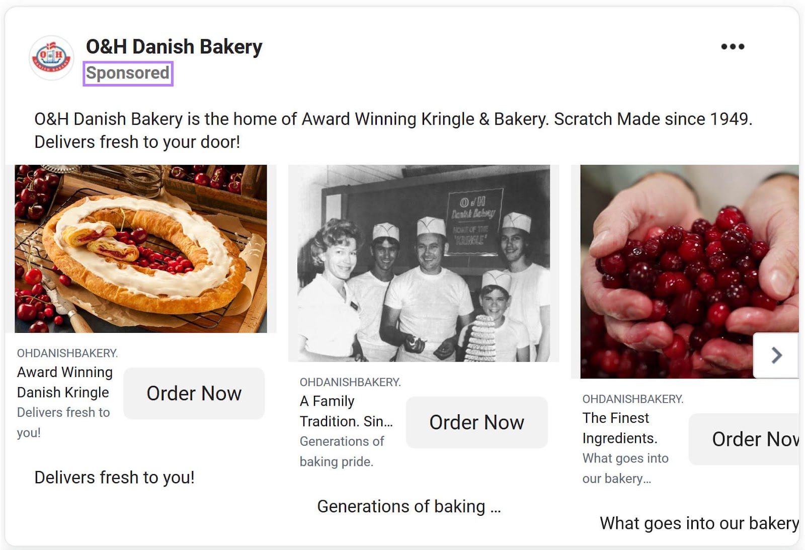 O&H Danish Bakery's social media ads on Facebook