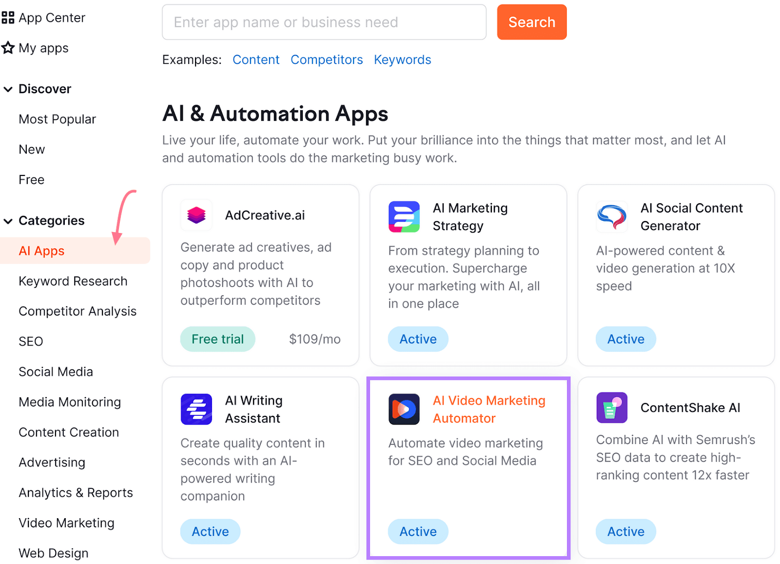 AI & Automation Apps section in the App Center with "AI Video Marketing Automator" highlighted in a purple box.