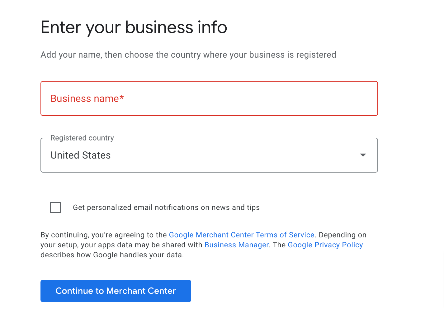 "Enter your business info" window