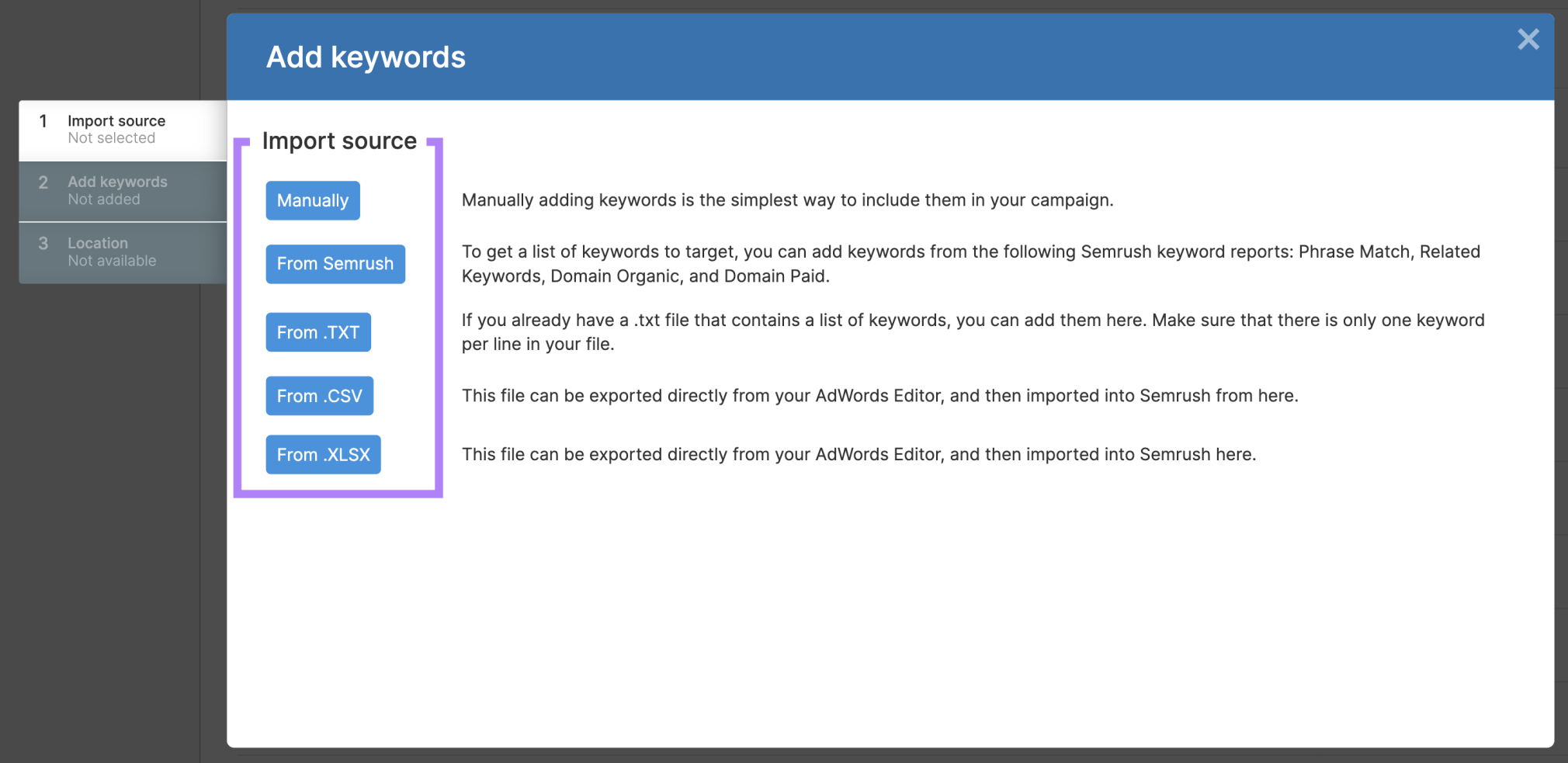 ppc keyword tool import sources