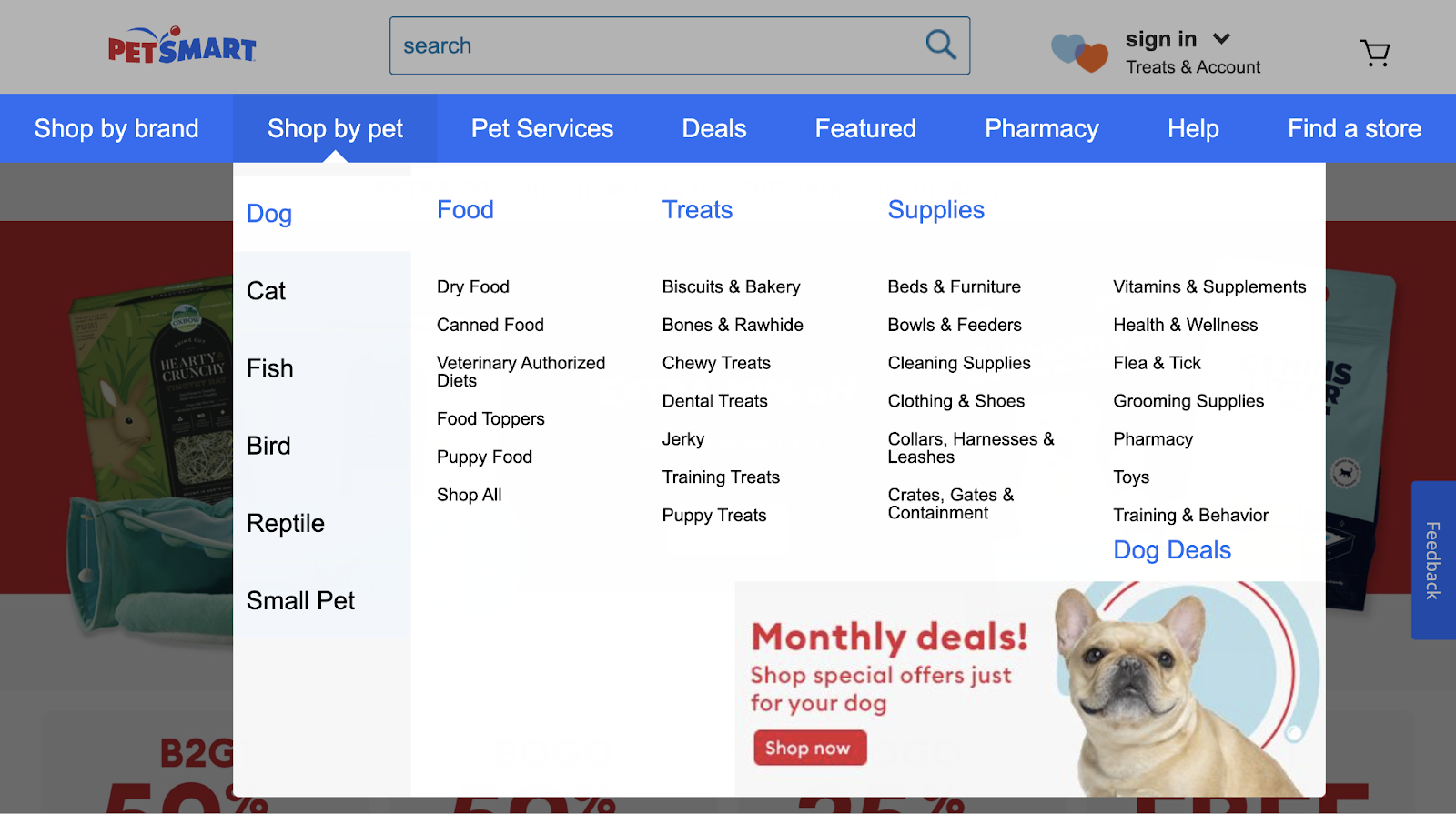 drop-down header navigation from PetSmart that provides an casual  mode   to entree  its galore  pages