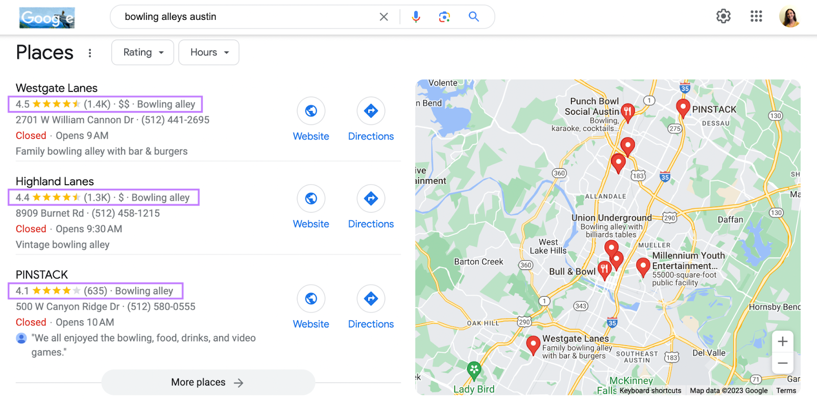 Ratings are highlighted under businesses in Google local pack results