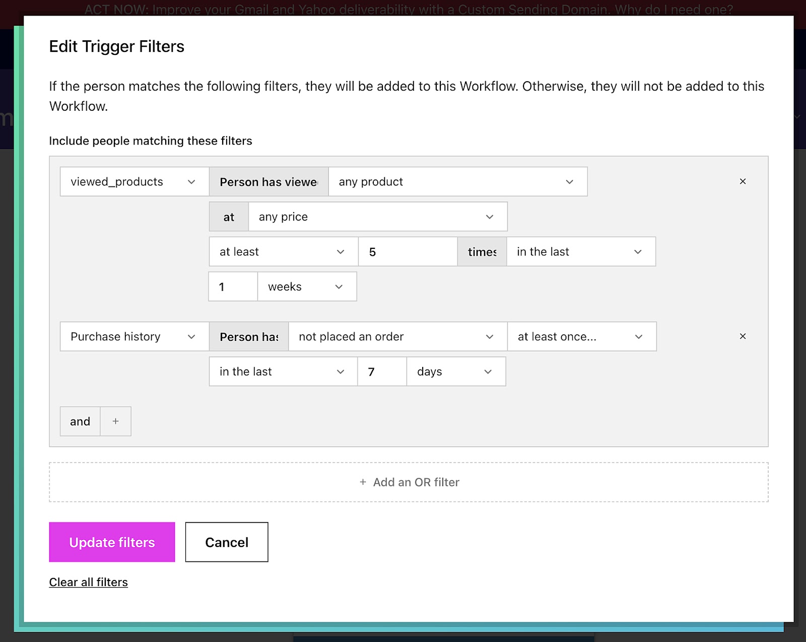 "Edit Trigger Filters" window in Drip