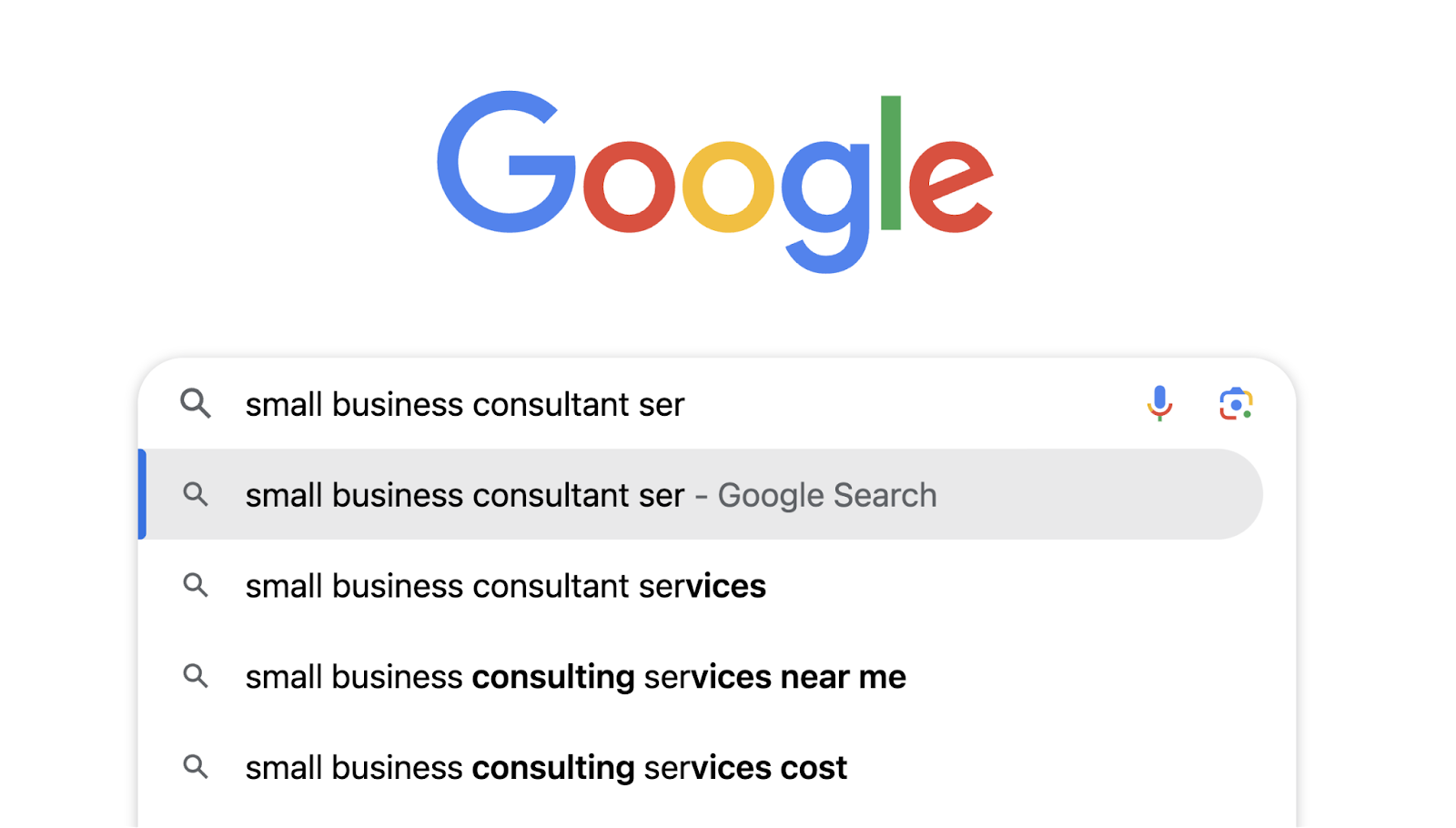 google autocompletes small business consultant to services, services near me, and services cost