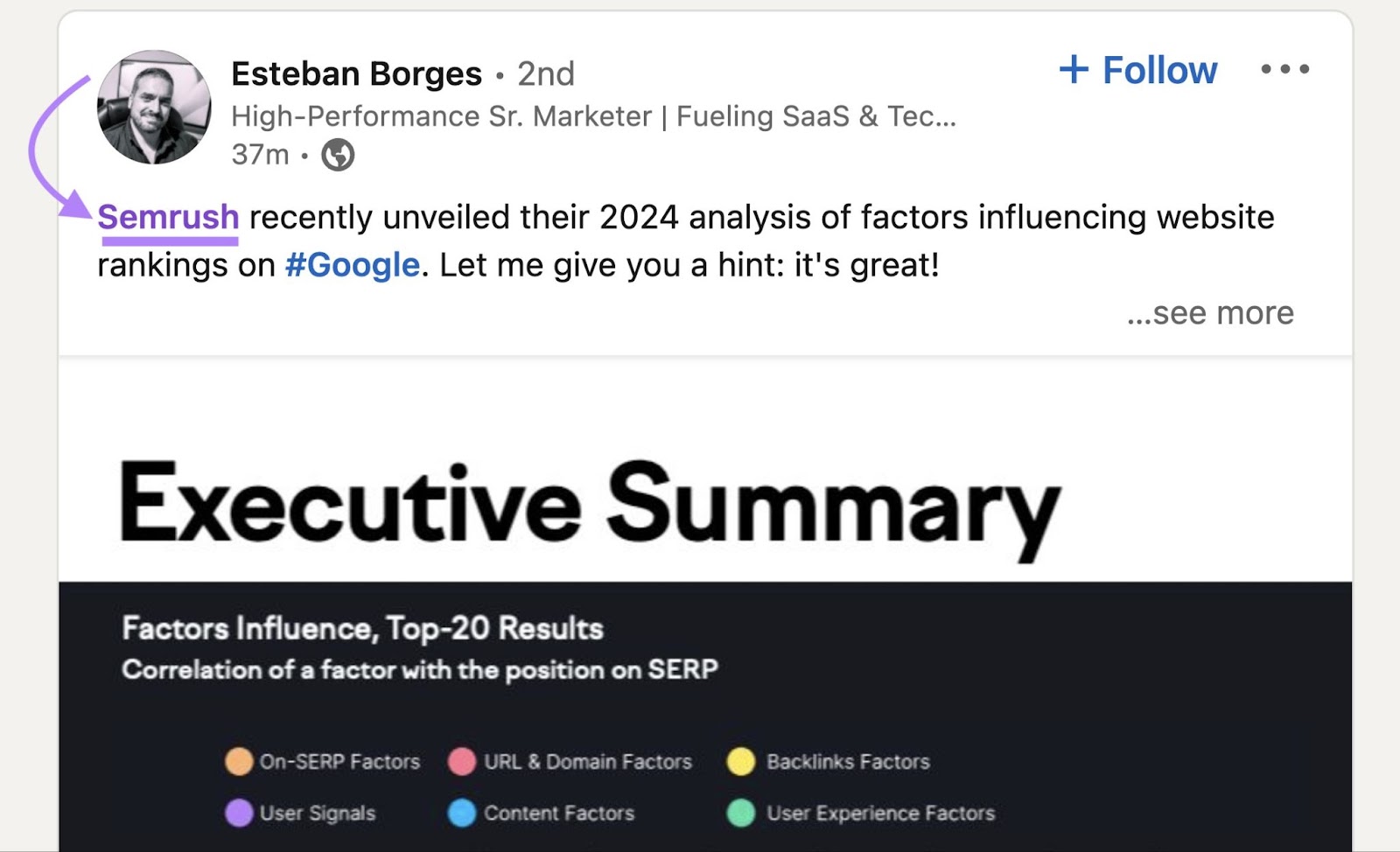 A mention of "Semrush" in Esteban Borges's LinkedIn post