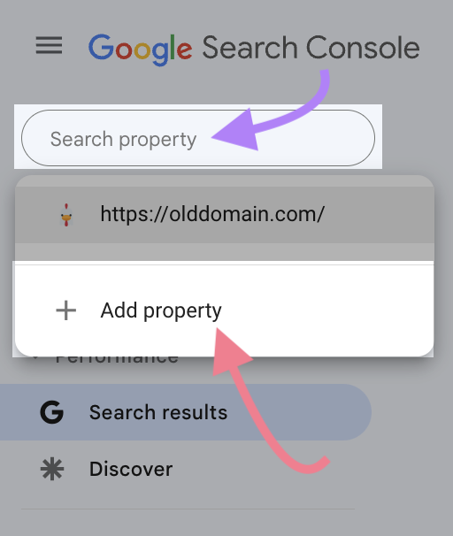 “Add property" button selected from the Google Search Console menu