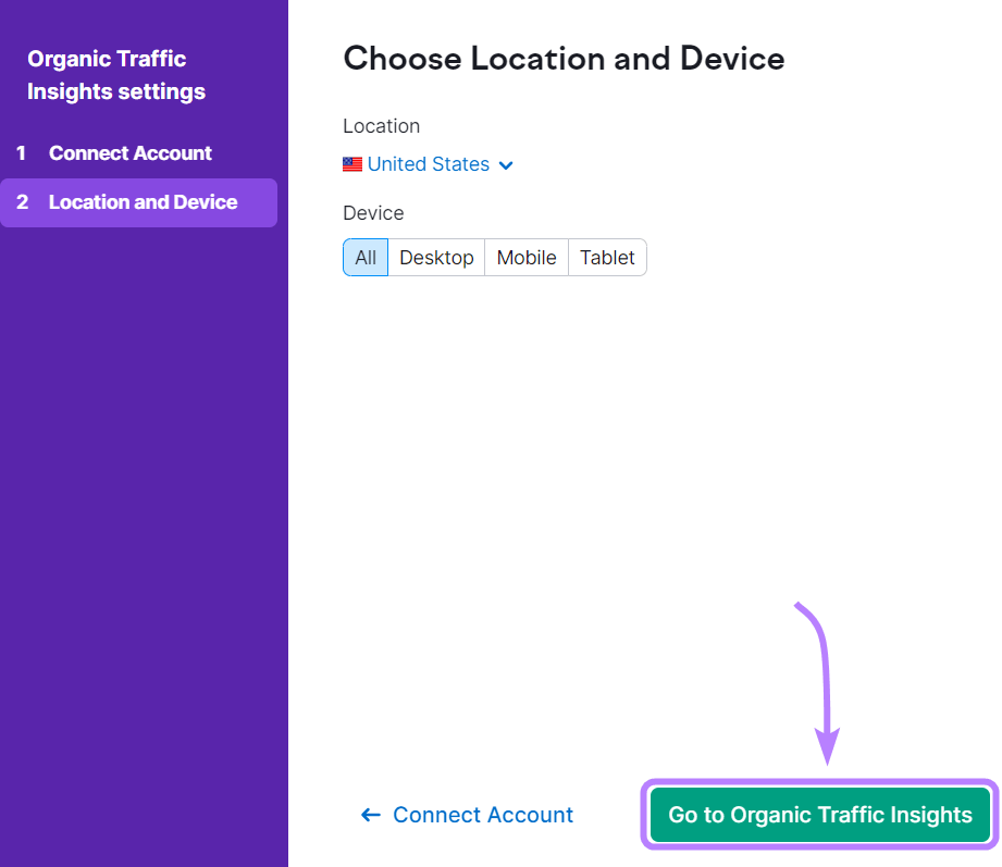 "Choose Location and Device" window in Organic Traffic Insights settings