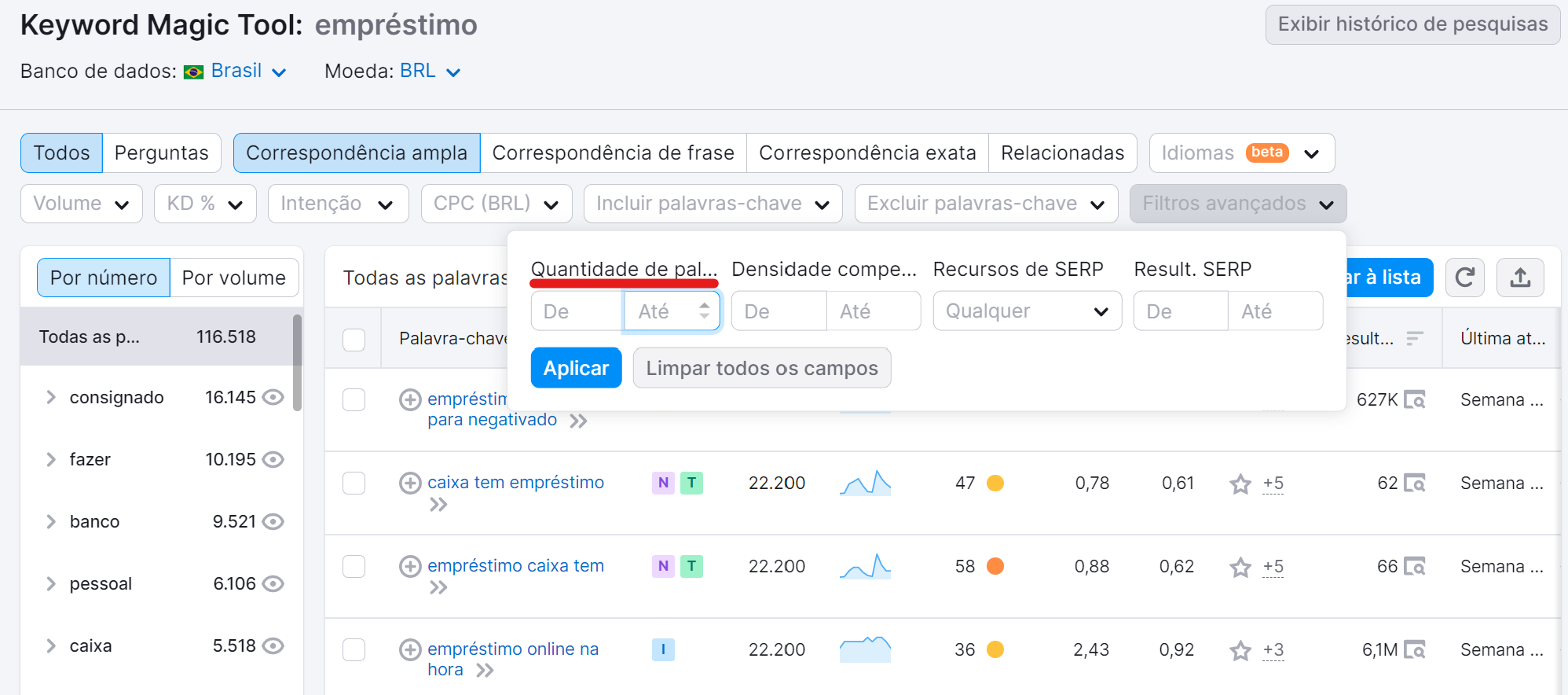 o que são palavras-chave - exemplo ferramenta keyword magic tool - quantidade de palavras