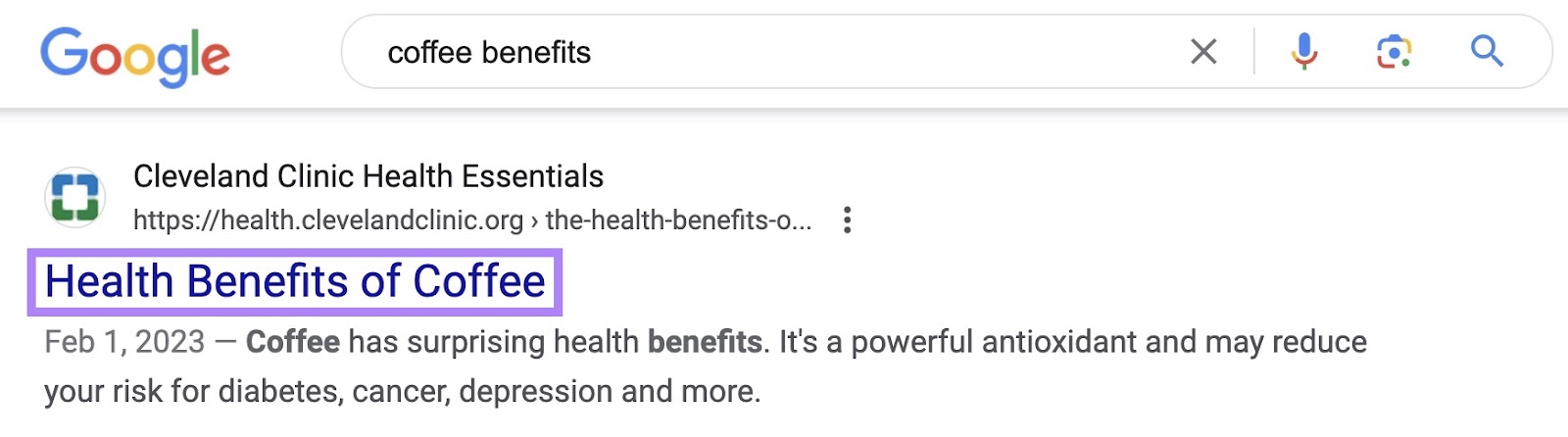 Google SERP result for the term 'coffee benefits' with the title tag highlighted.