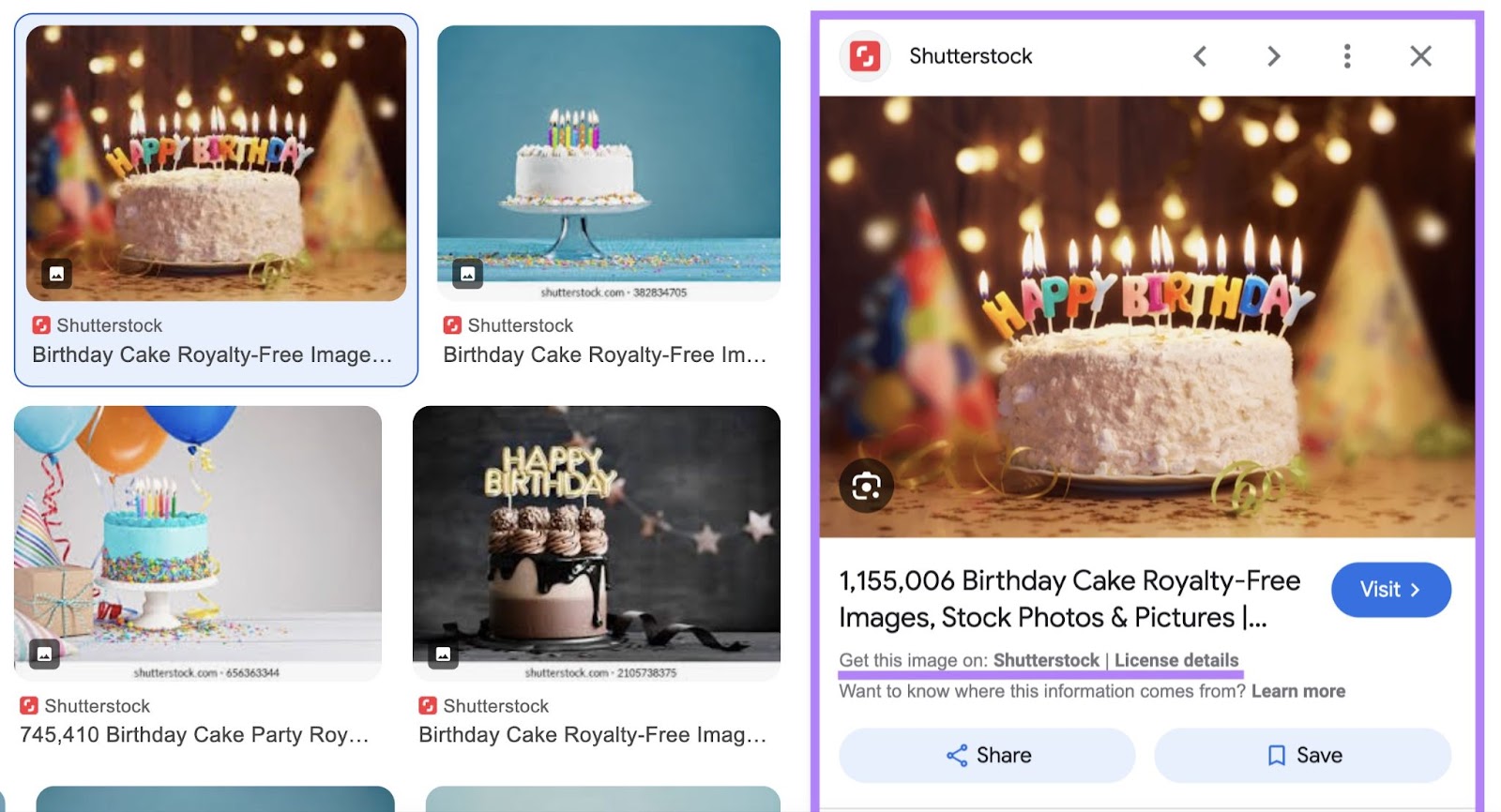 expanded google image result of a birthday cake shows you can get the image on shutterstock and a link to license details