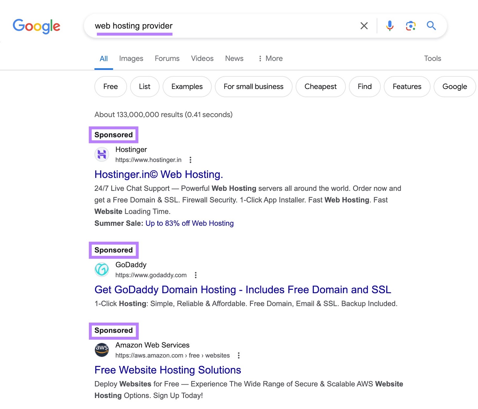 “Sponsored" results on Google serp for "web hosting provider" query