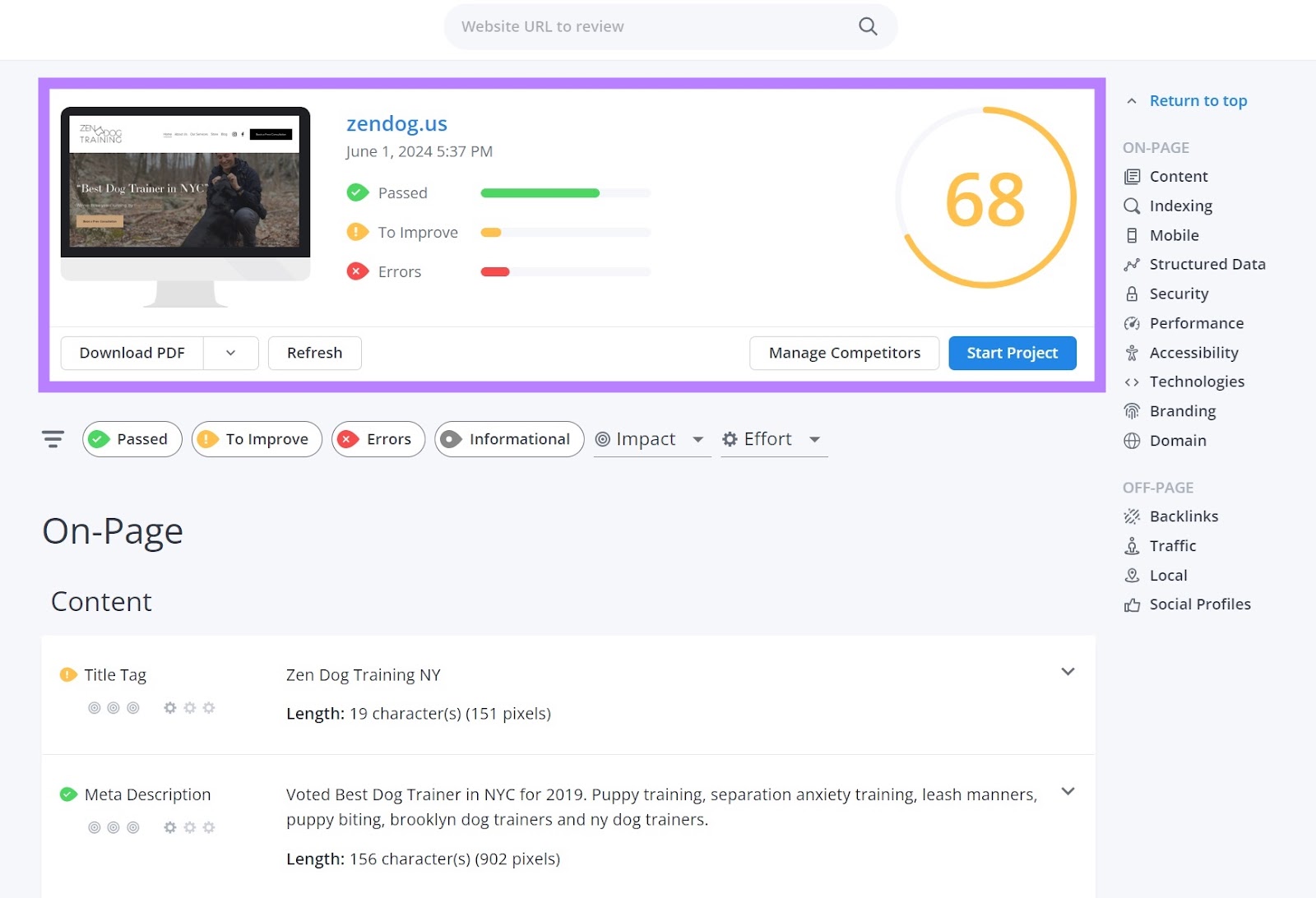 A site score out of 100 on WooRank along with suggestions for improvement.