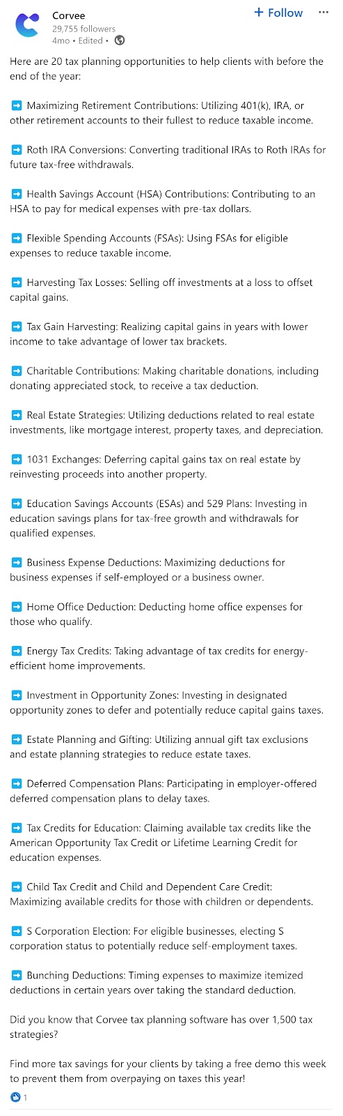 Corvee's social media post with a list of helpful tax planning opportunities