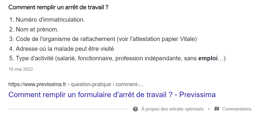 Featured snippet de liste, exemple