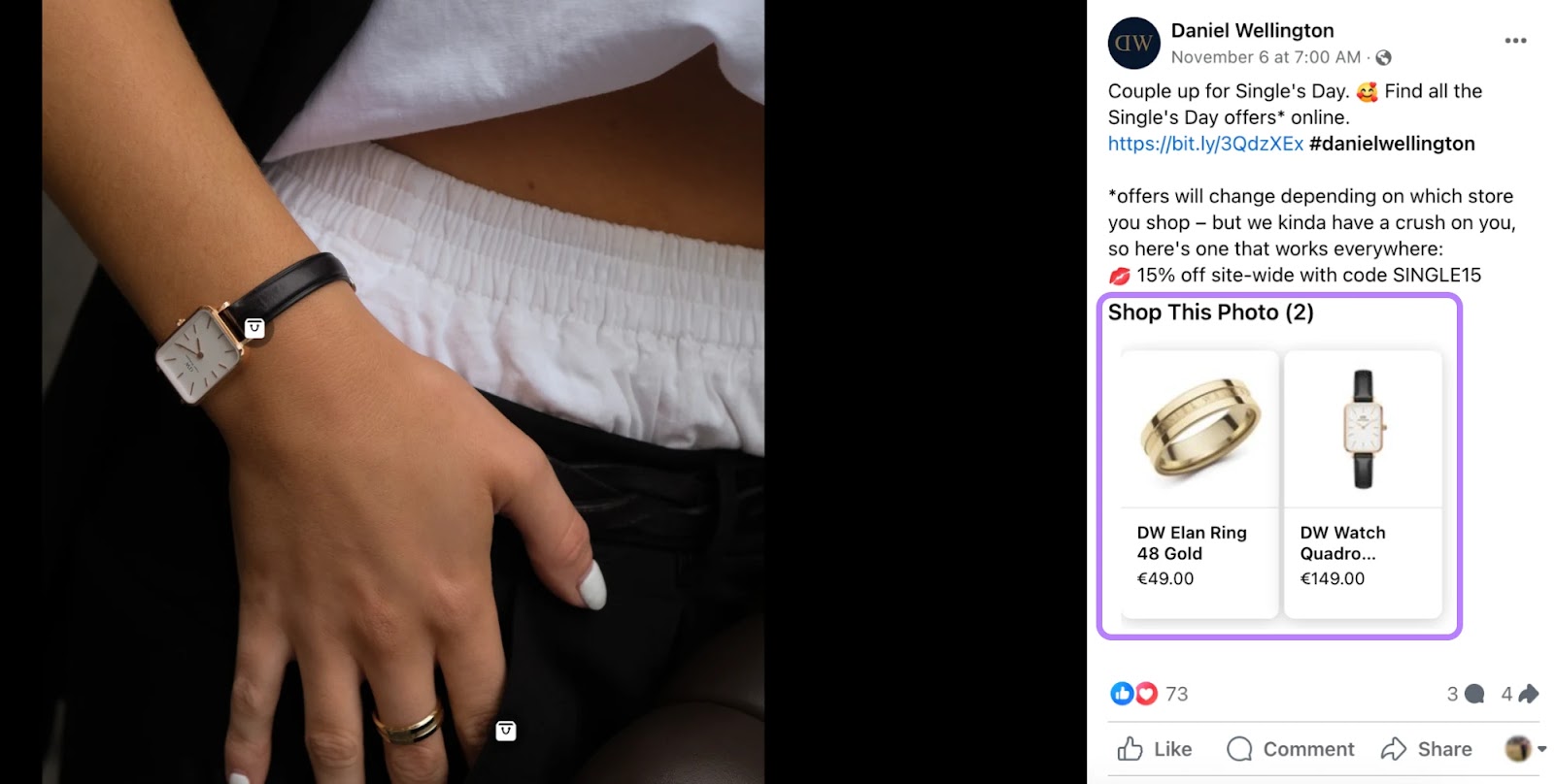 Daniel Wellington's Facebook post inviting followers to "shop this photo"