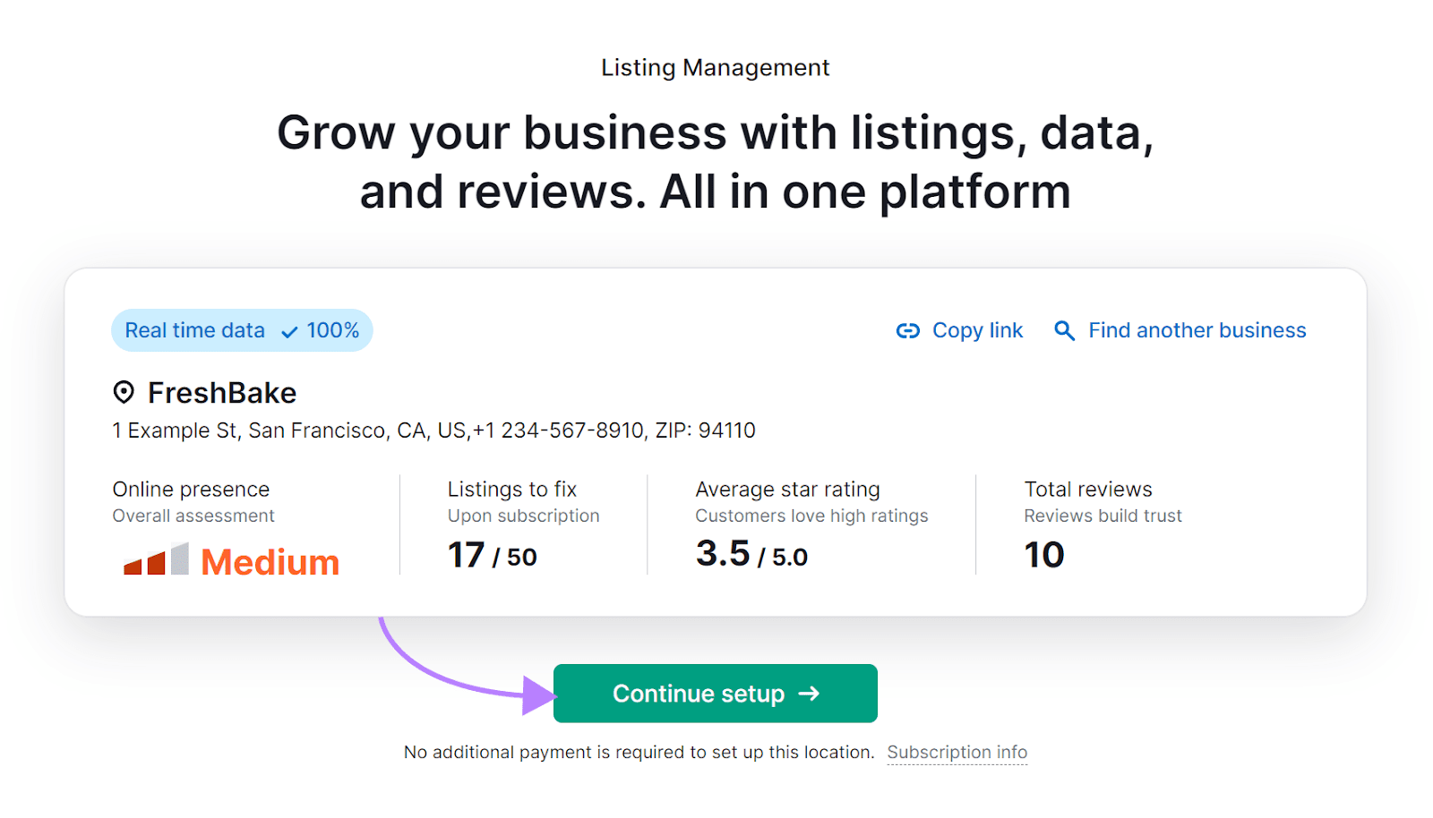 An overview of FreshBake's online presence in Listing Management tool