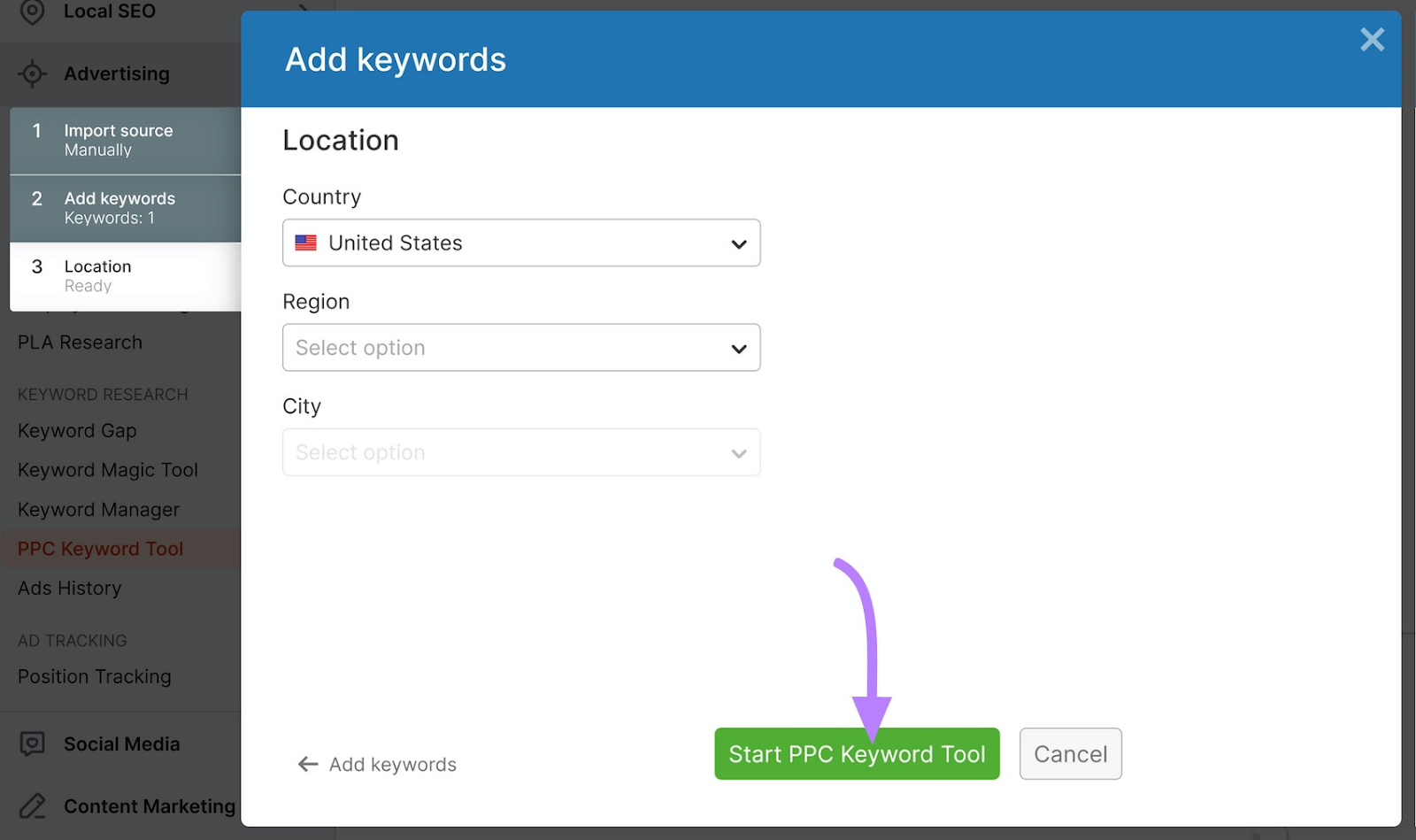 “Start PPC Keyword Tool” button highlighted