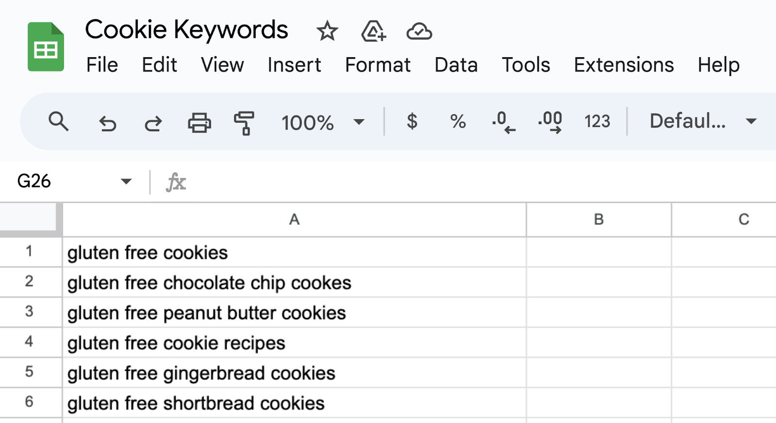 Google spreadsheet titled "Cookie Keywords"