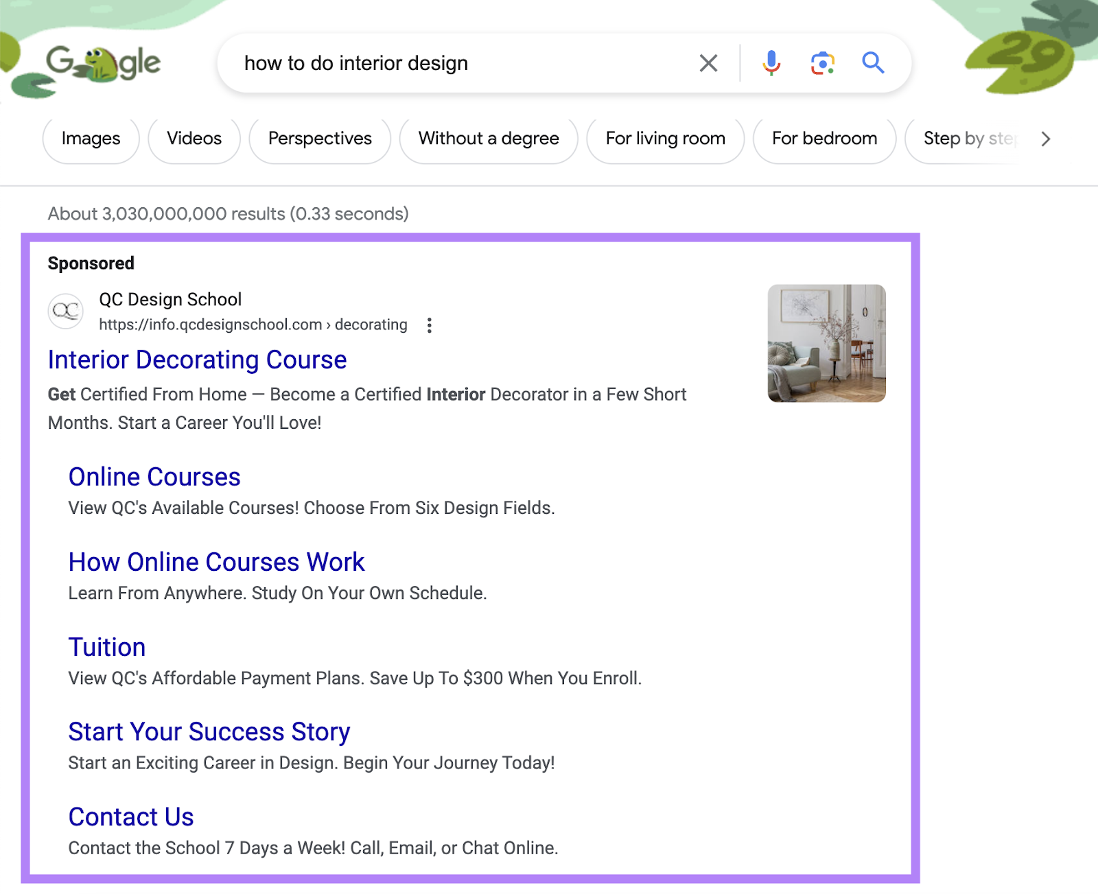 PPC advertisement  from QC Design School connected  Google SERP