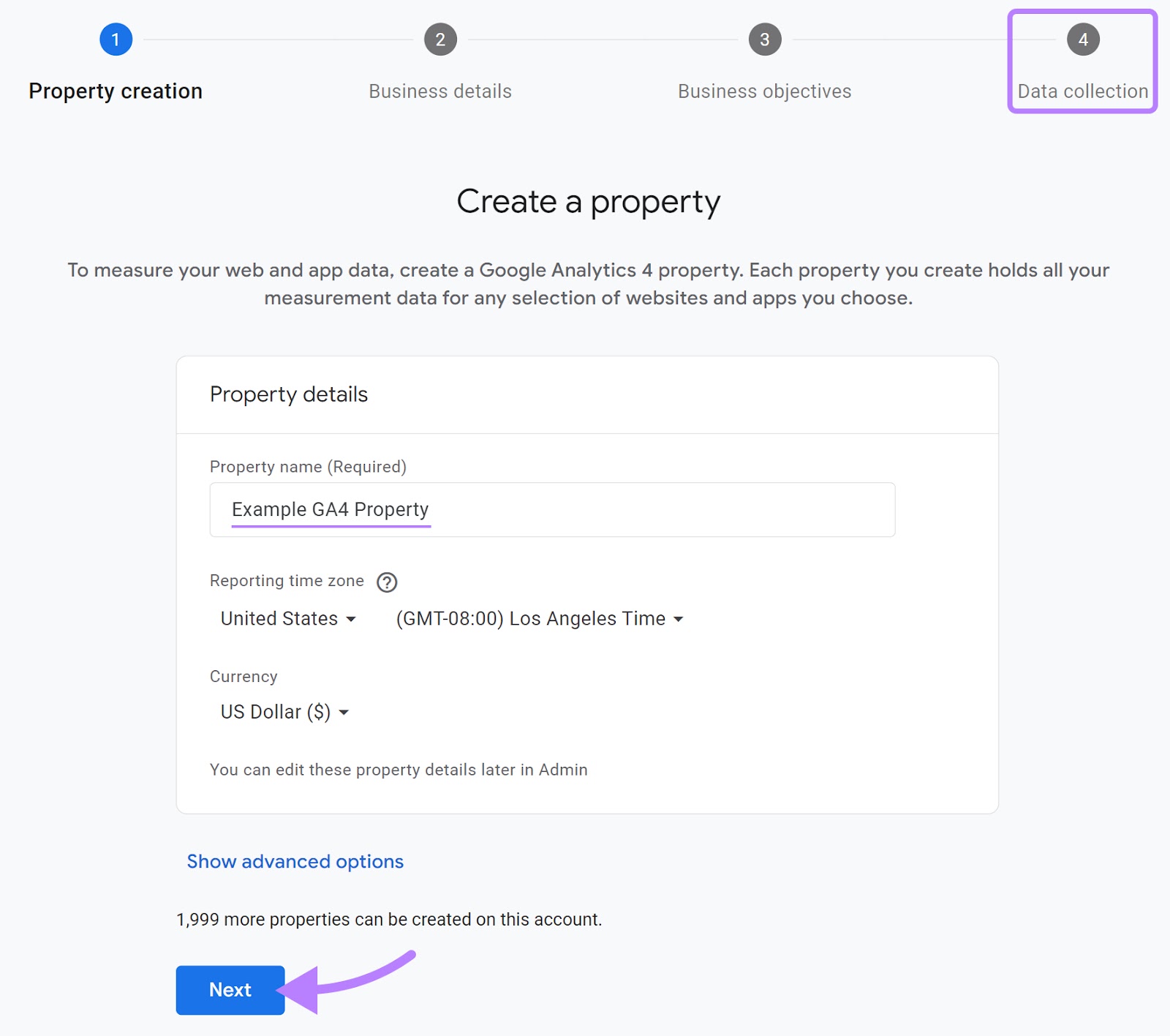 "Create a property" step one in setting up Google Analytics