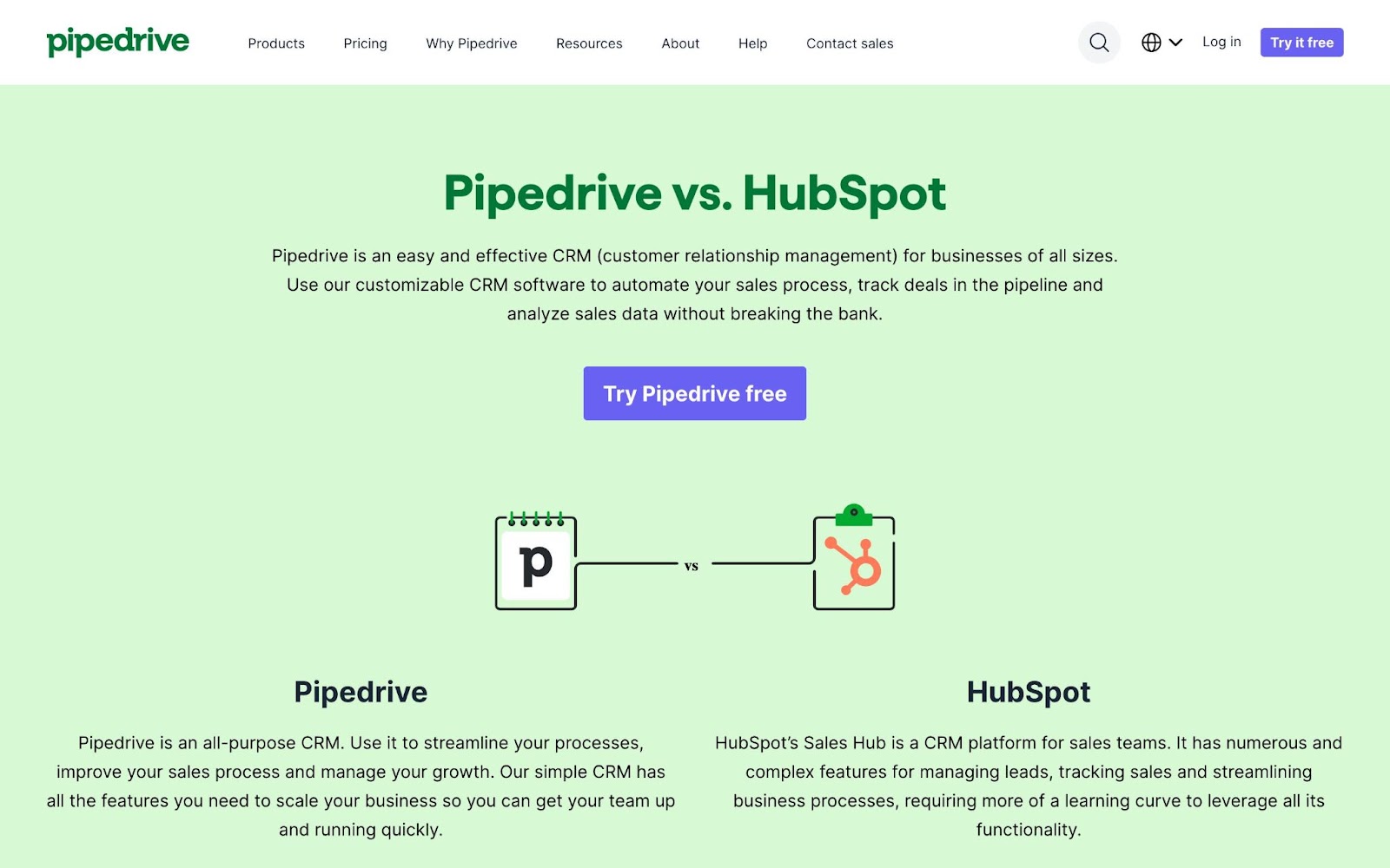 Pipedrive vs. HubSpot landing page