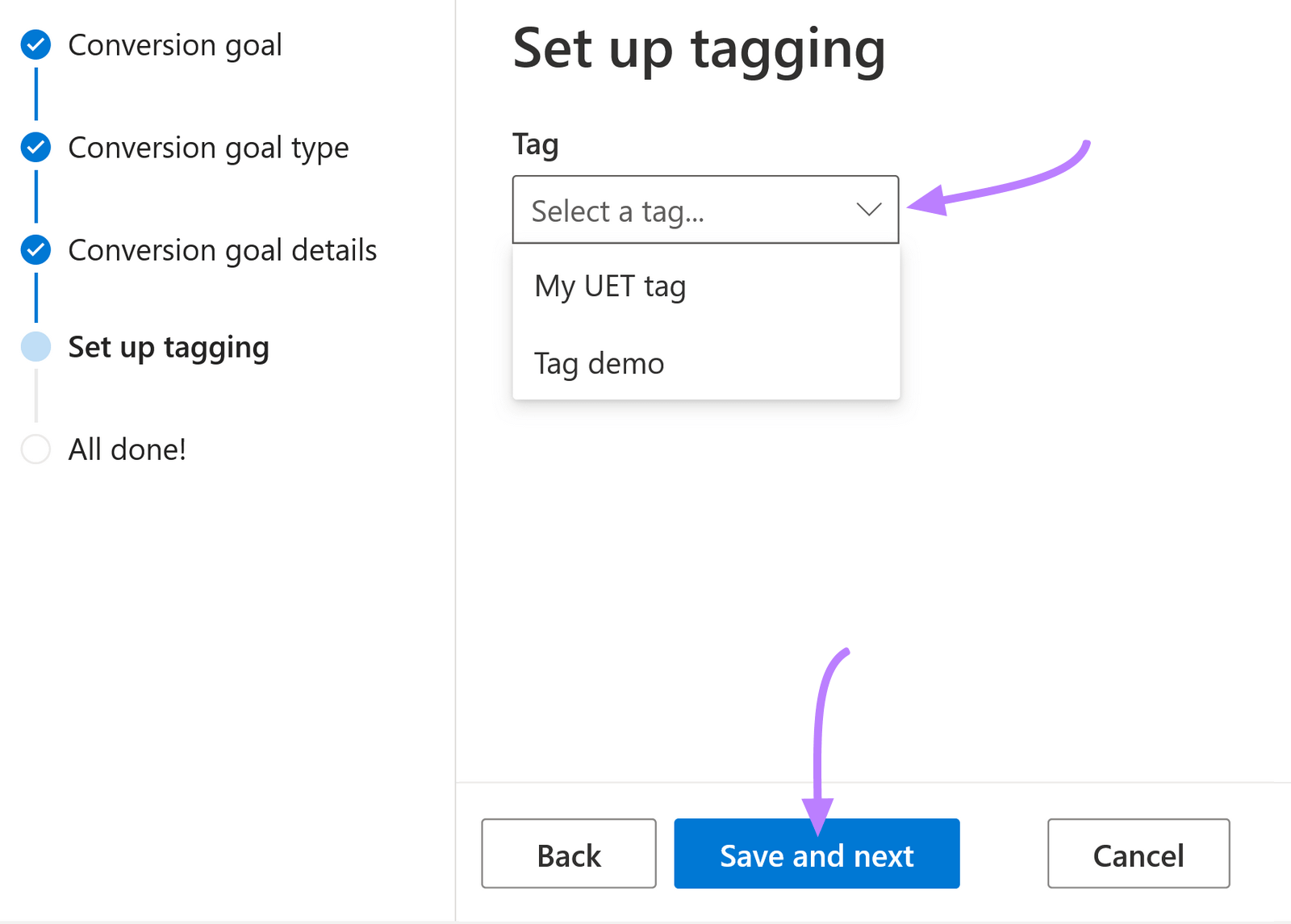 select your UET tag from the drop-down list