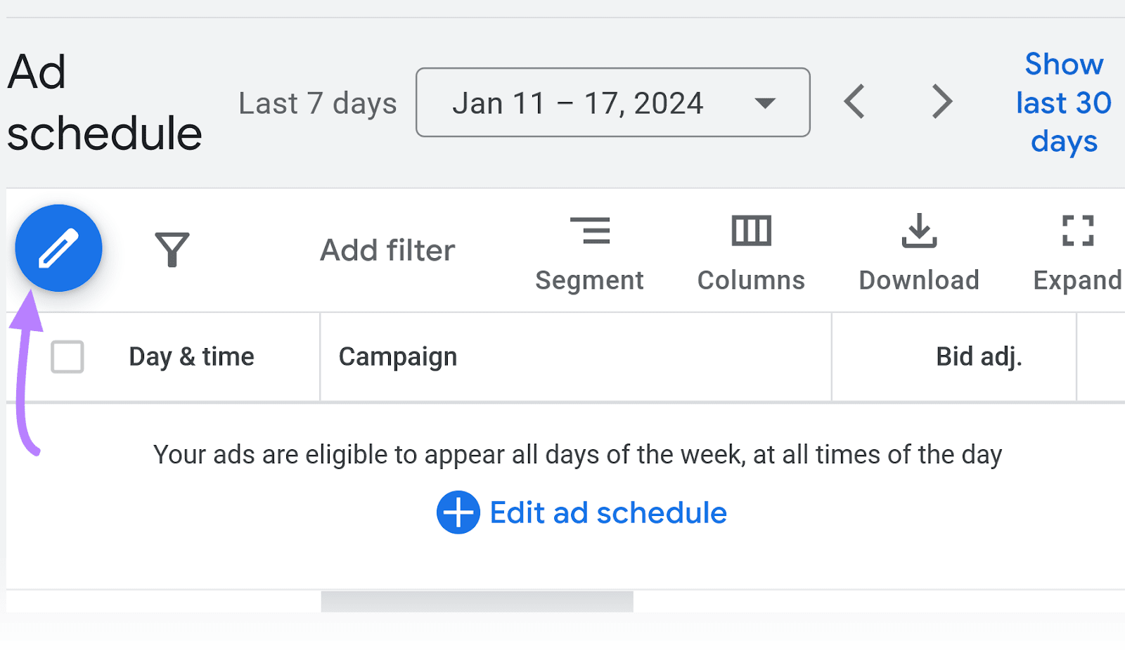 Navigating to “Ad schedule" in Google Ads