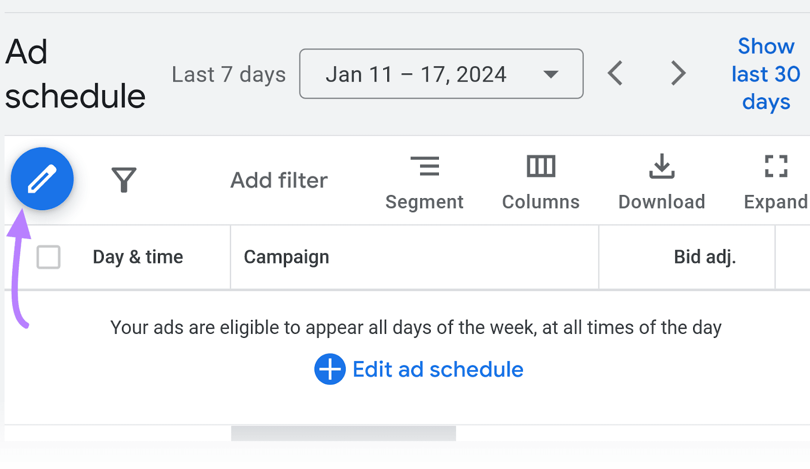 Navigating to “Ad schedule" successful  Google Ads