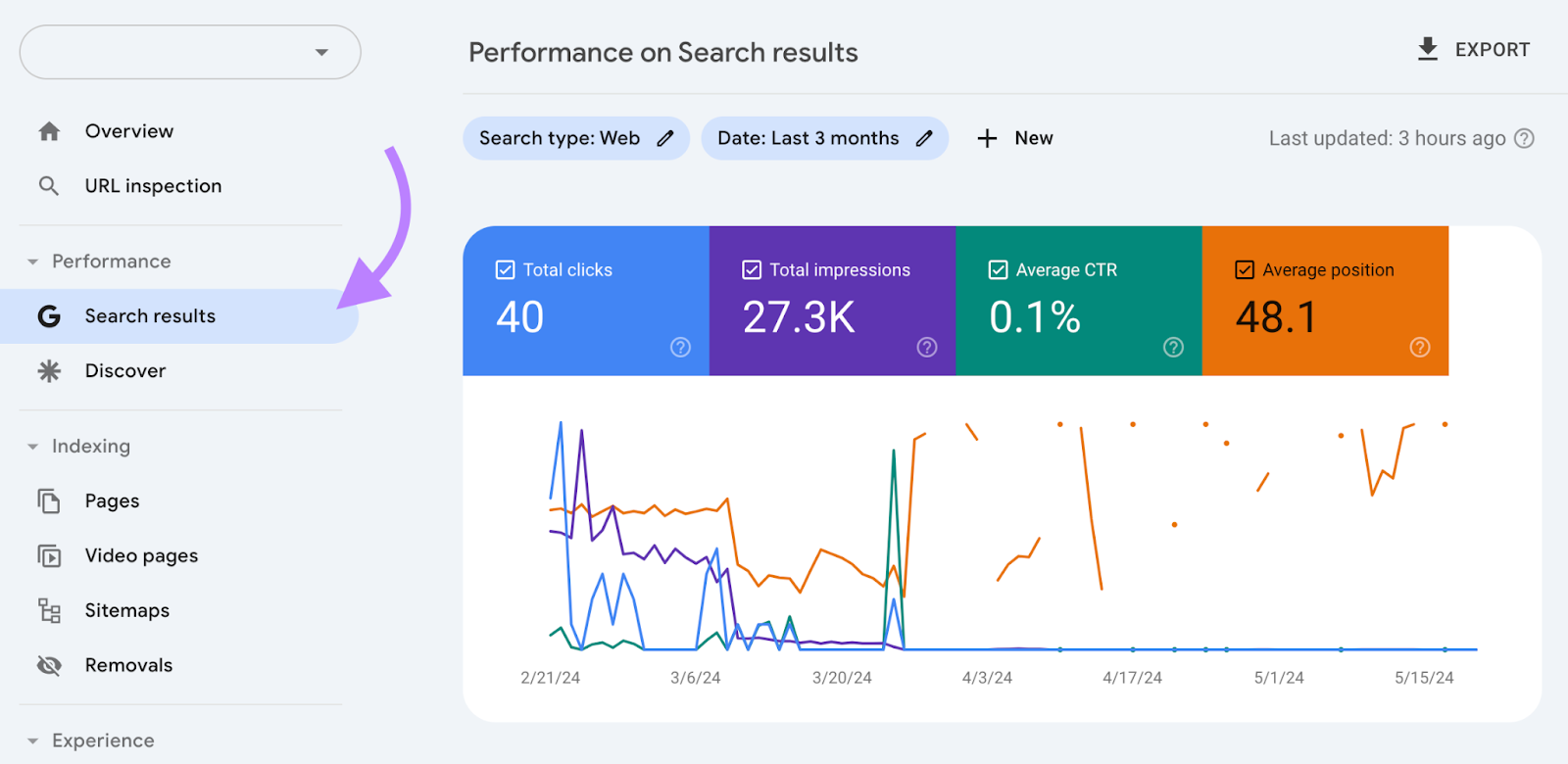 search results report highlighted in navigation