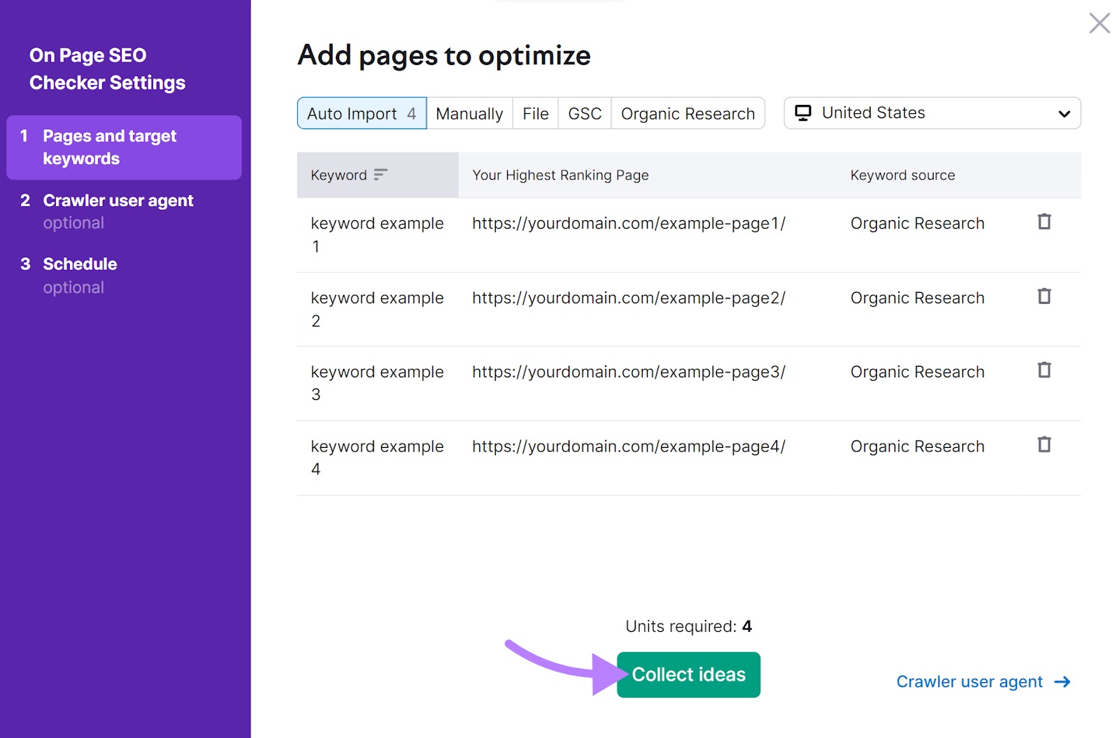 "Add pages to optimize" screen in On-Page SEO Checker settings