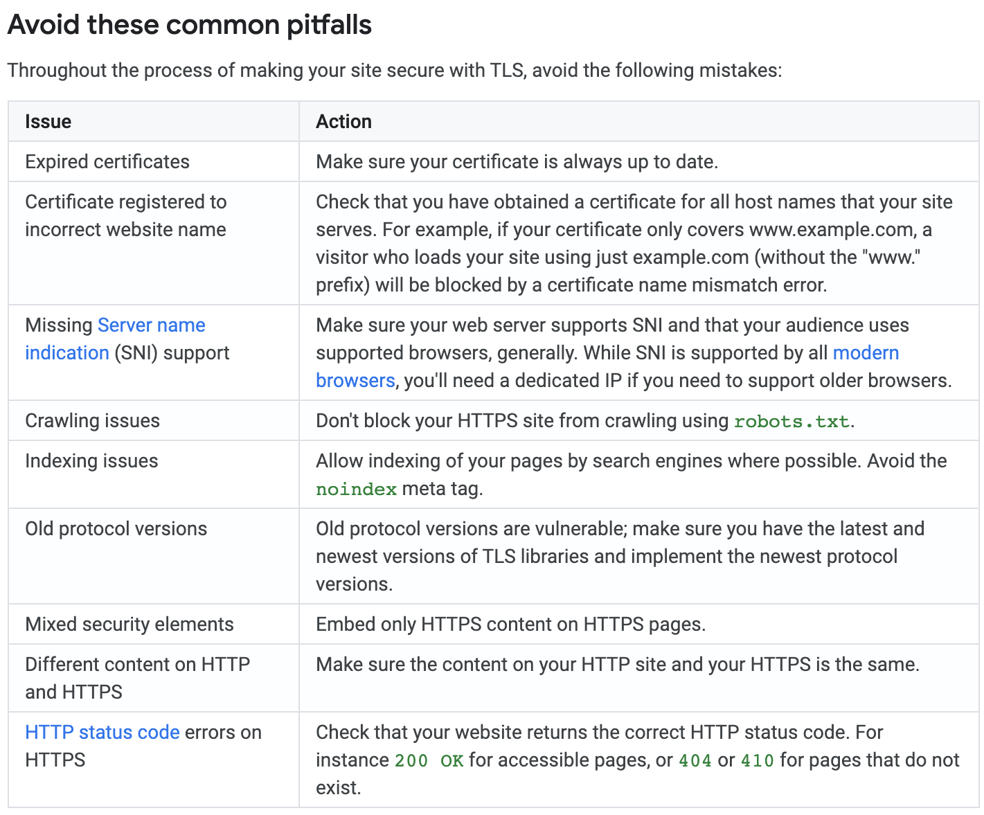 Google's recommendations on TLS, things to avoid