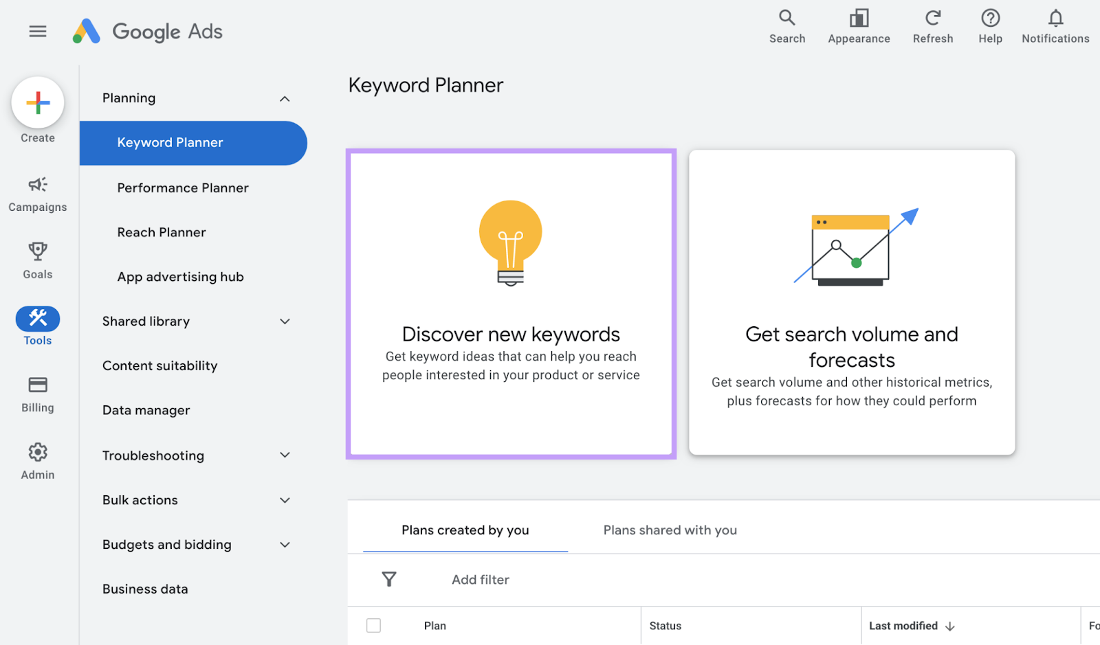 Google keyword planner tool dashboard showing the "discover new keywords" button highlighted.