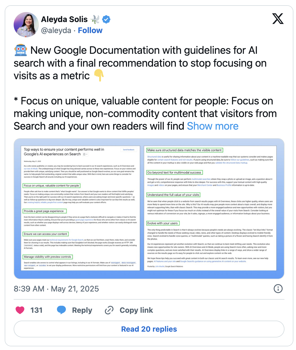 Aleyda Solis Tweet on Google Documentation for AI search guidelines