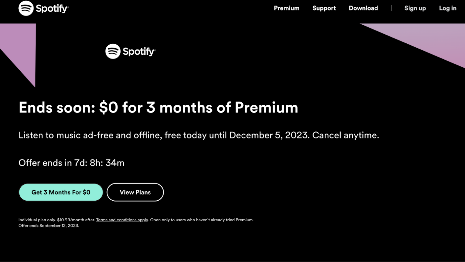 Spotify's free trial for a premium service page