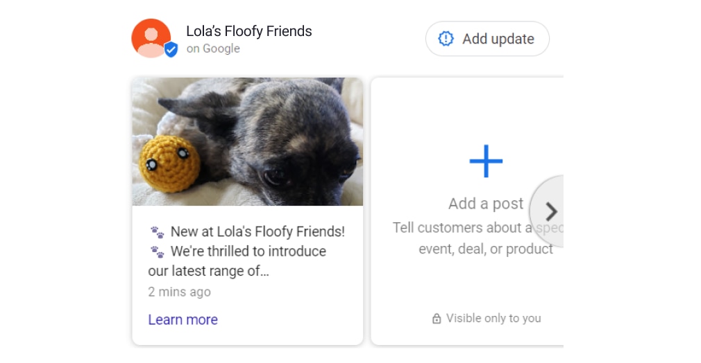 A post update showing under Lola's Fluffy Friends GBP