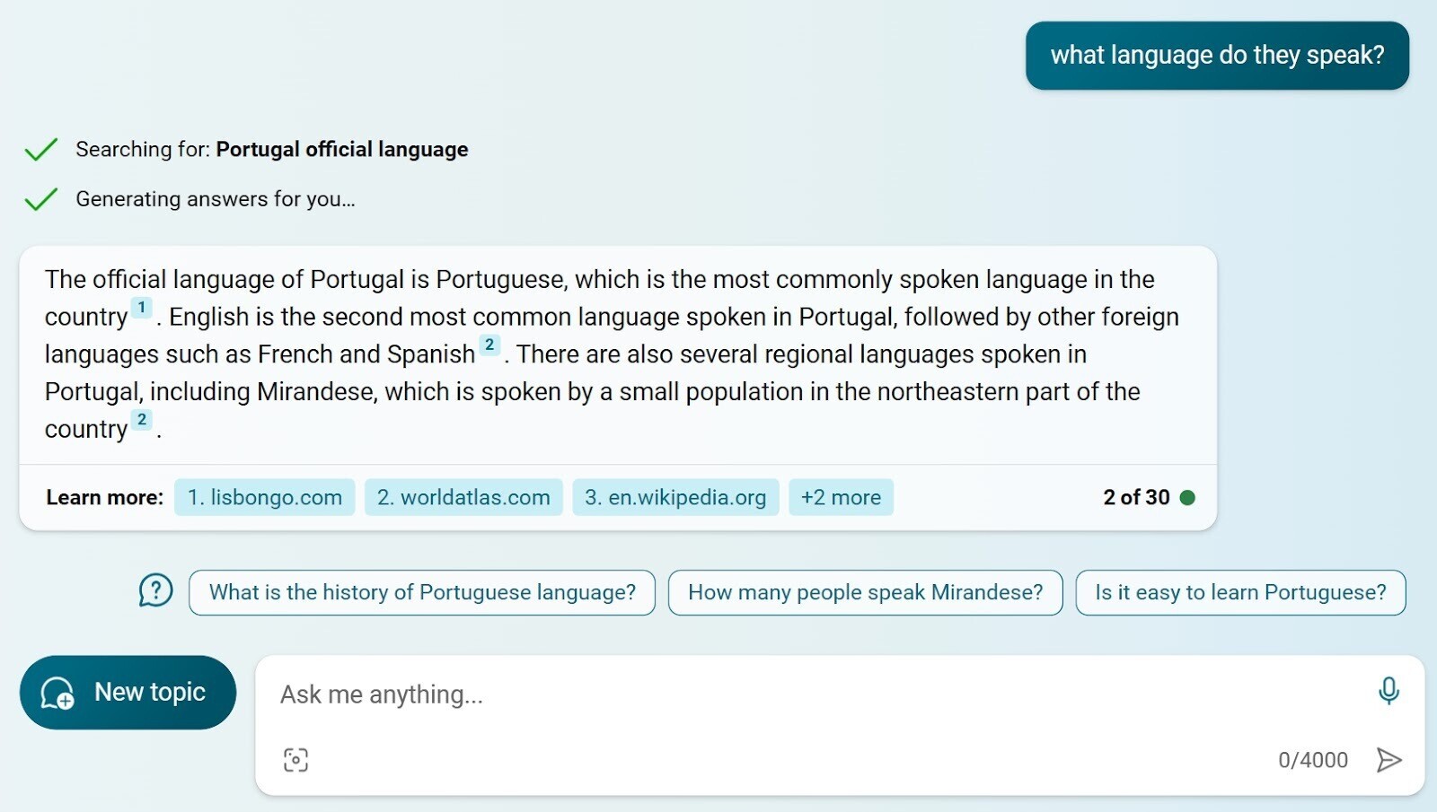 Bing Chat’s answer to a follow-up question "what language do they speak"
