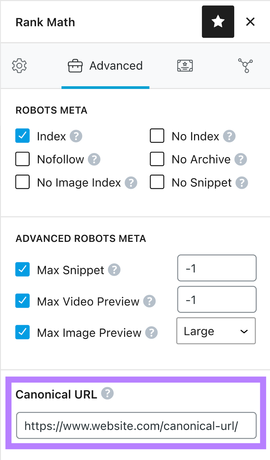 “Advanced” tab successful  “Rank Math SEO” box