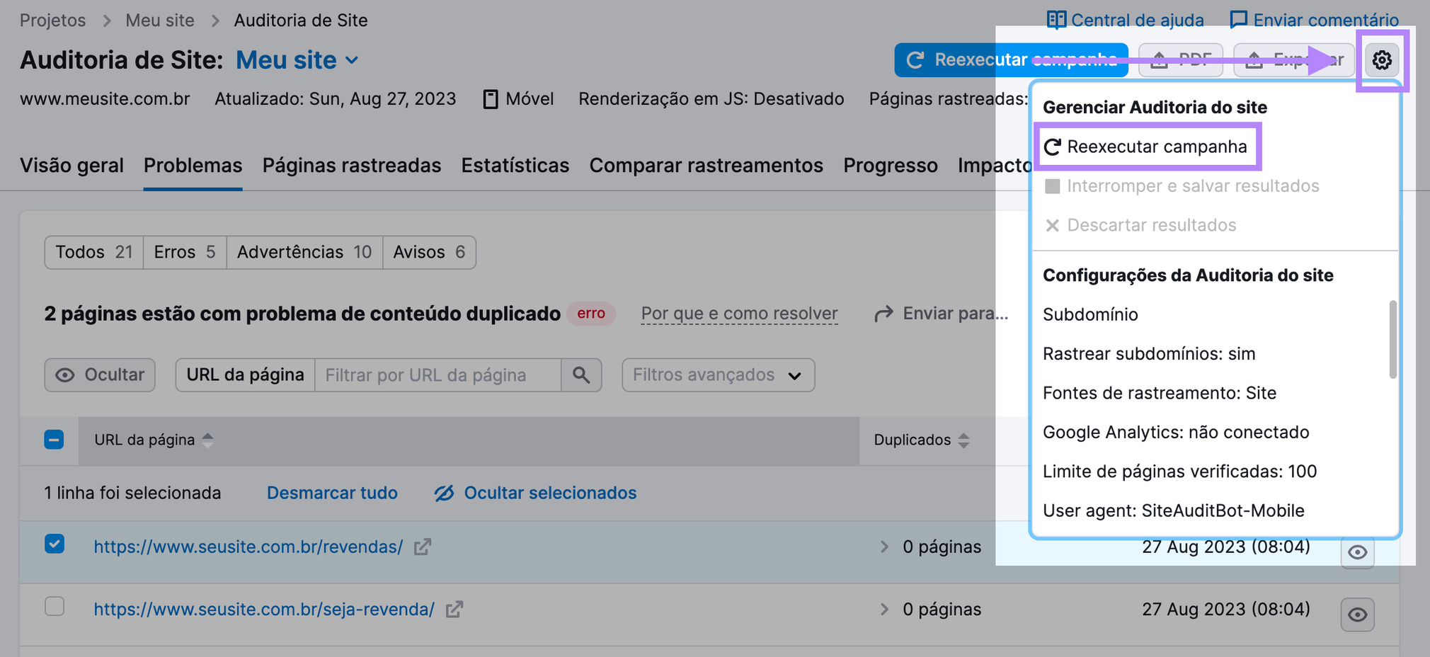 ícone de engrenagem no canto superior direito