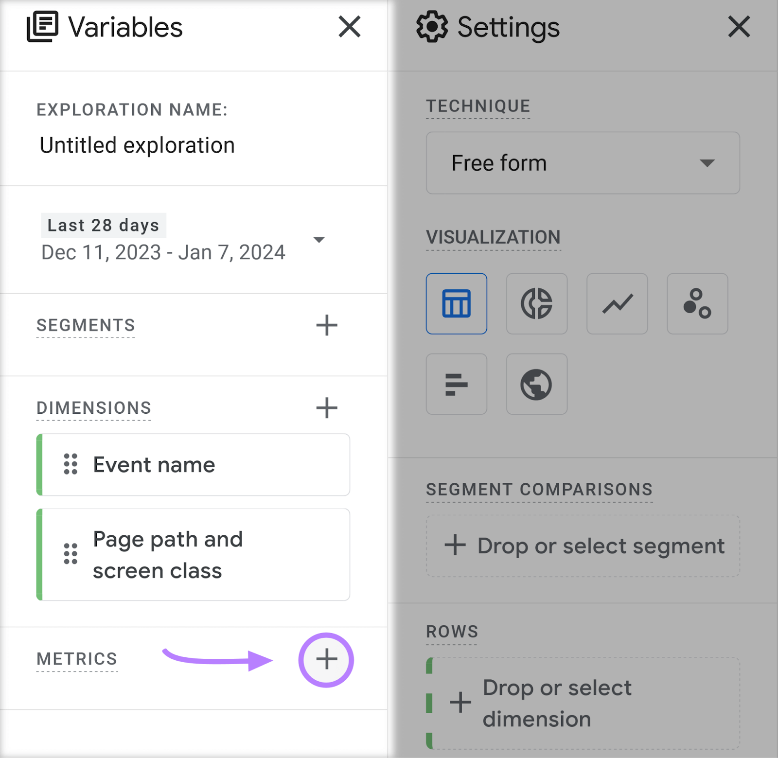 “+” sign highlighted to the right of “Metrics"