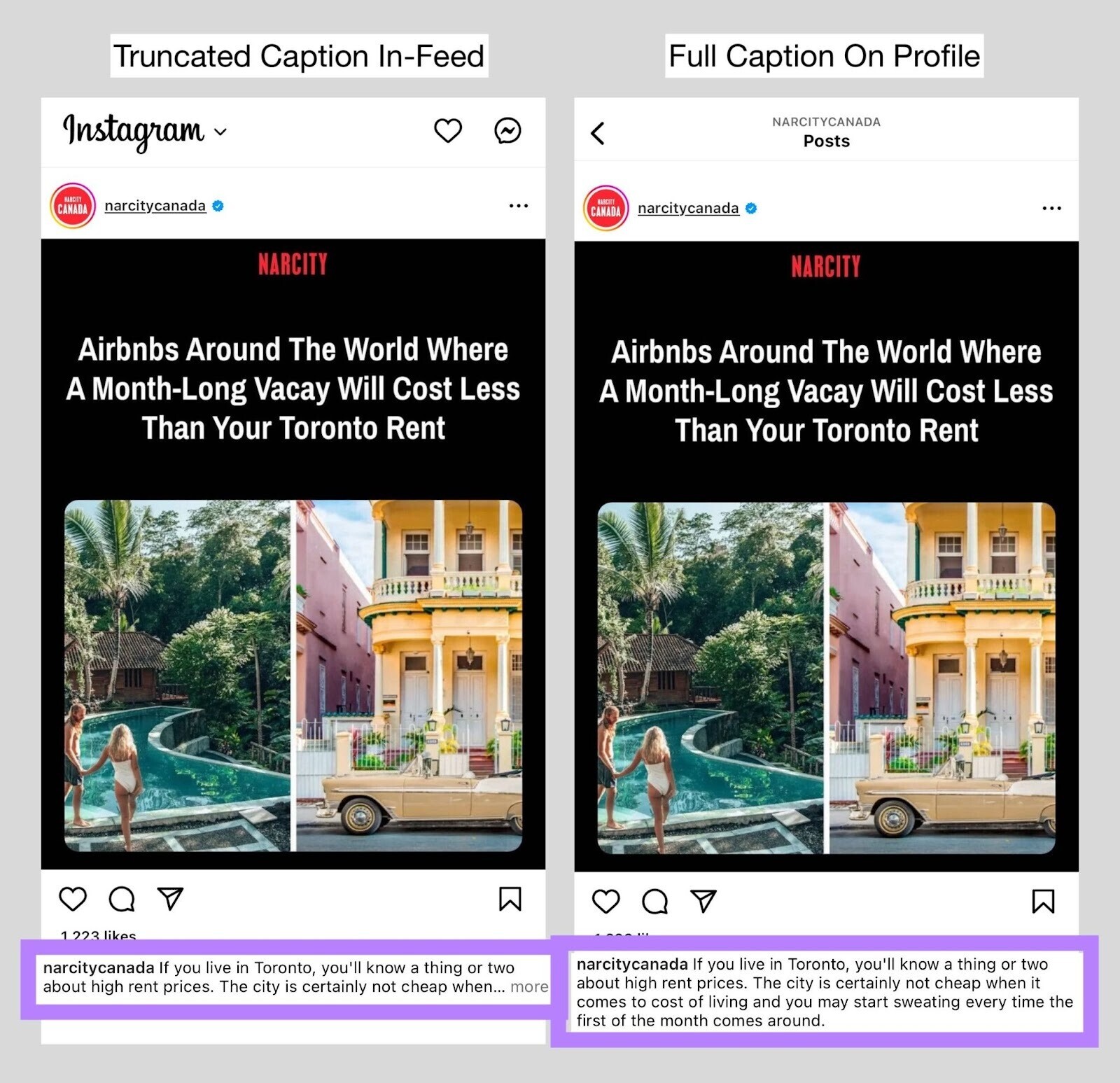 an example of Instagram post with "truncated caption in-feed" and "full caption on profile"
