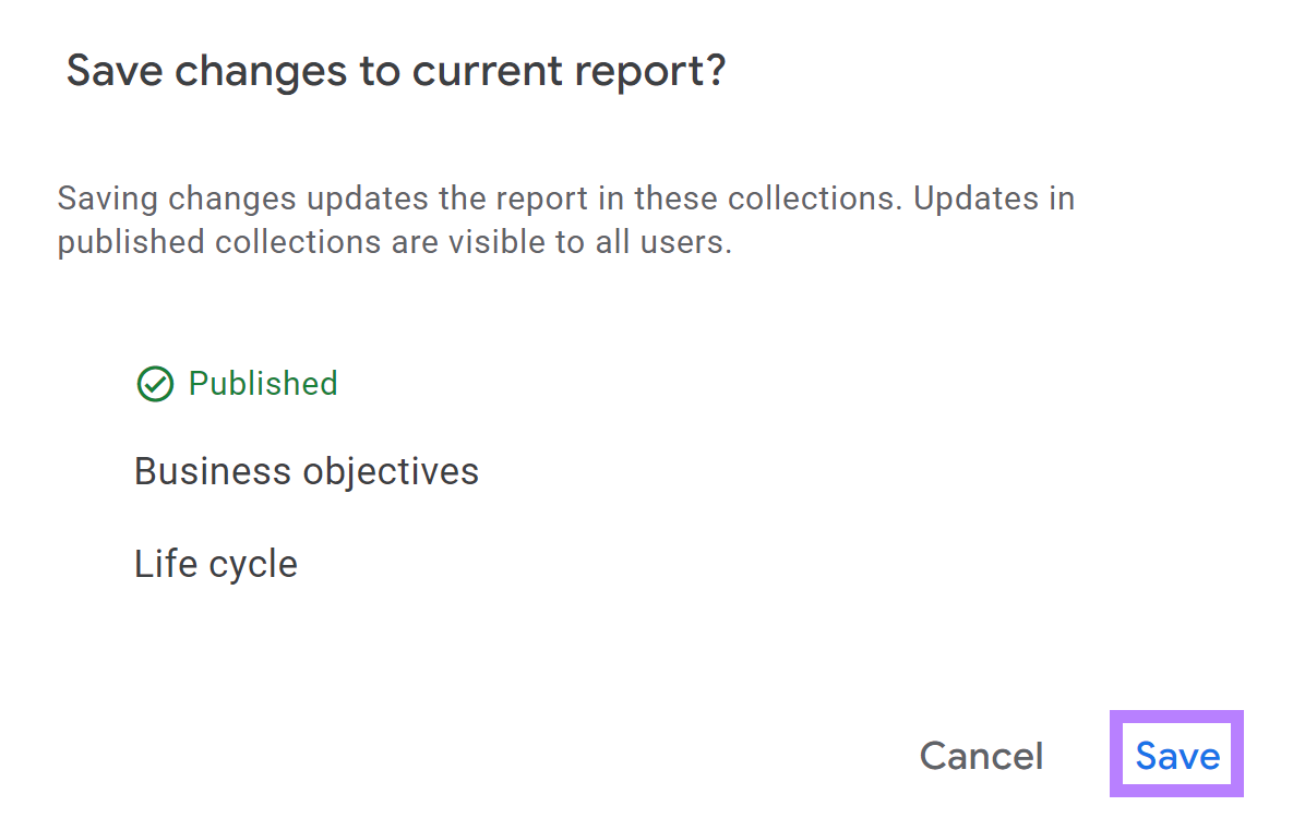 Save changes to current report popup with Save option highlighted.