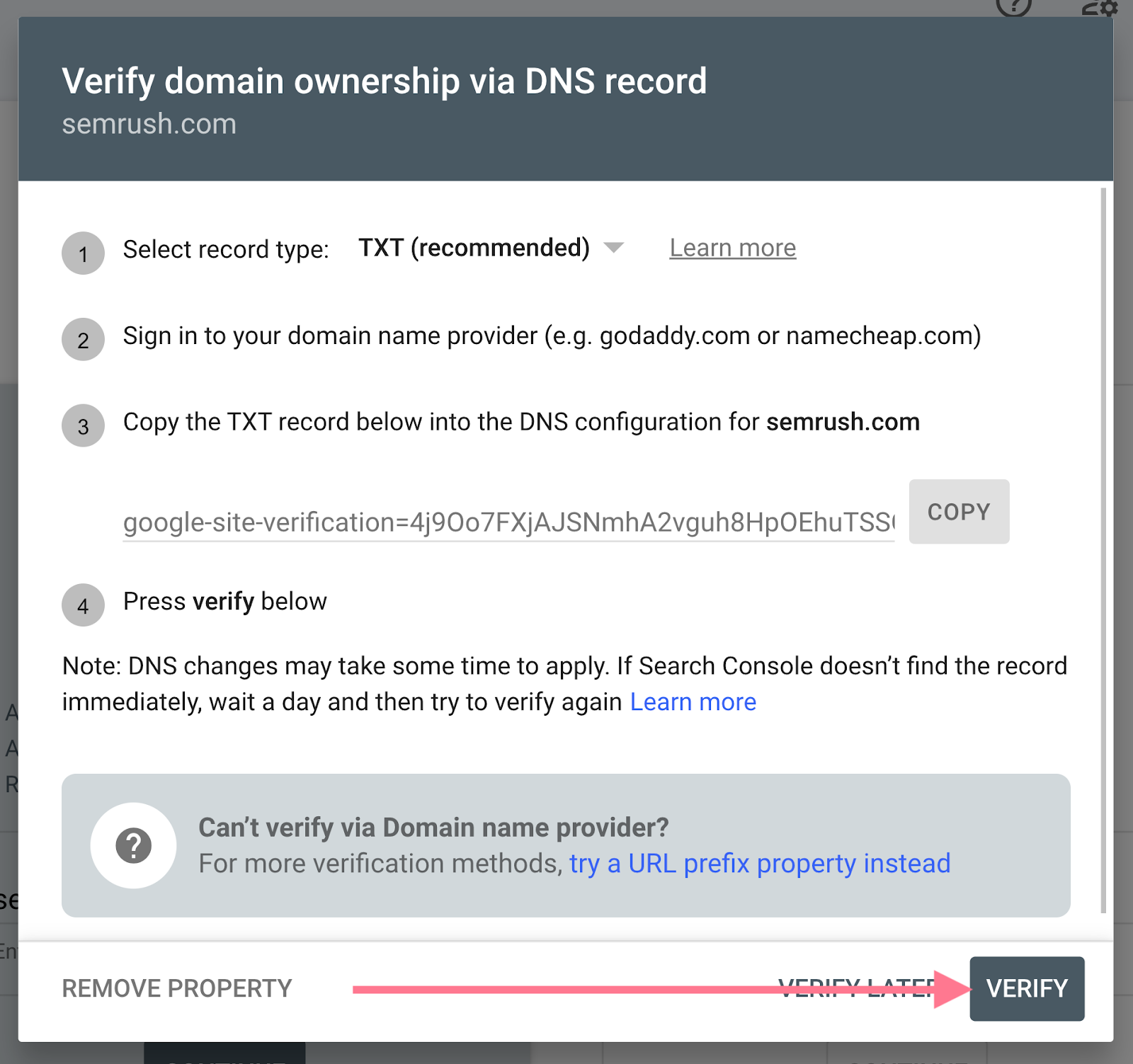 verify domain ownership via dns record