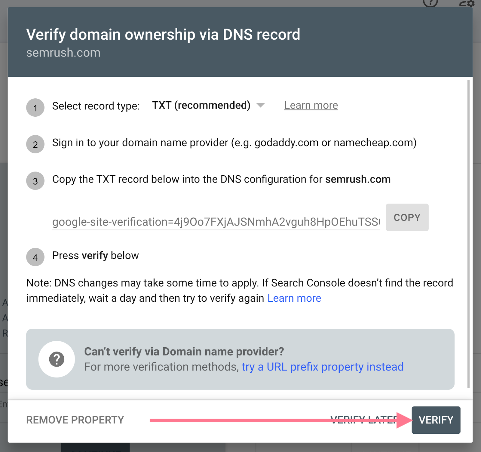 vérifier la propriété du domaine via l'enregistrement dns