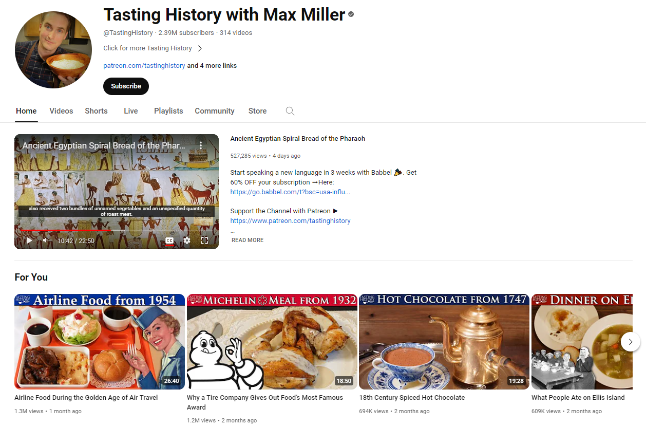 YouTube channel Tasting History with Max Miller home tab.