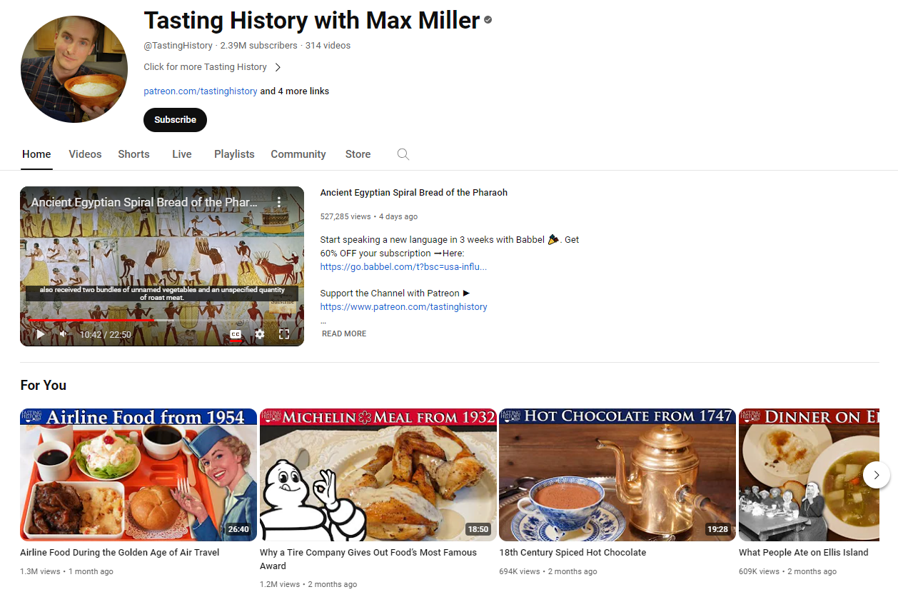 YouTube transmission  Tasting History with Max Miller location  tab.