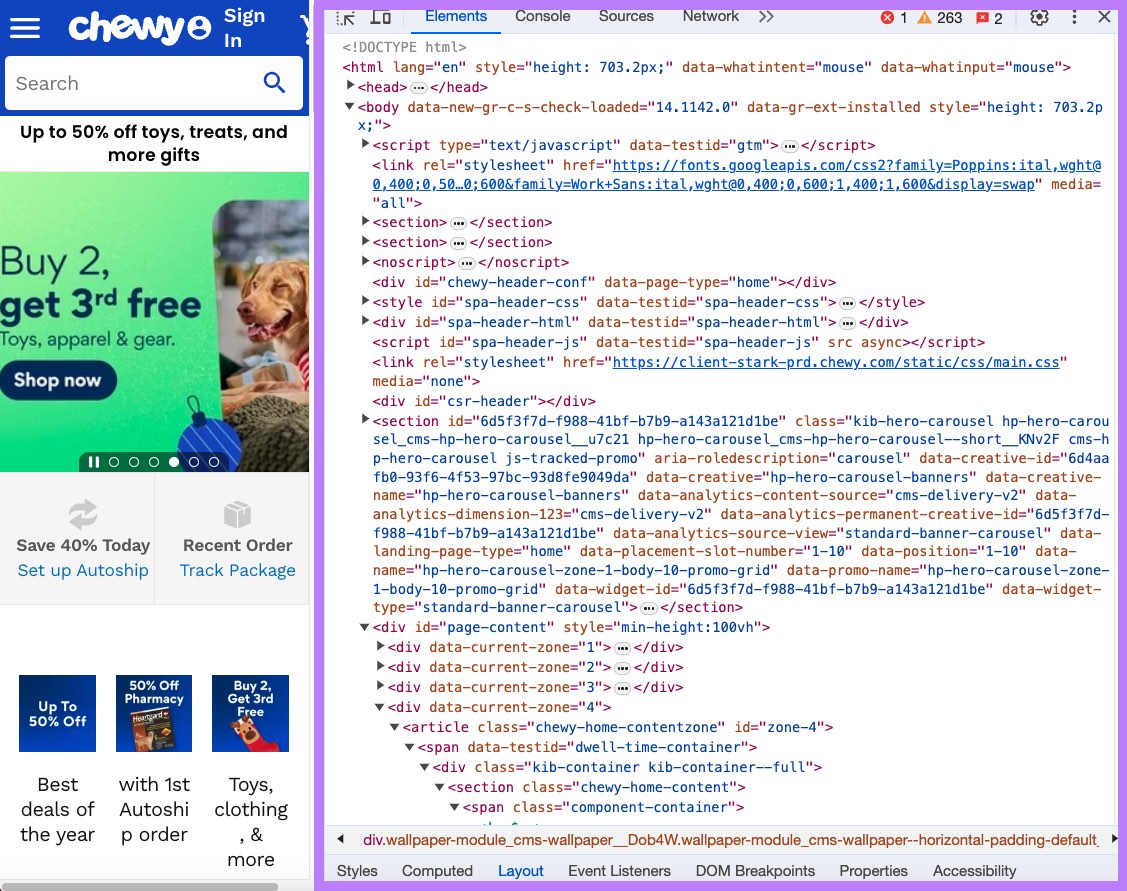 A DevTools panel opened on the right side of Chewy's page