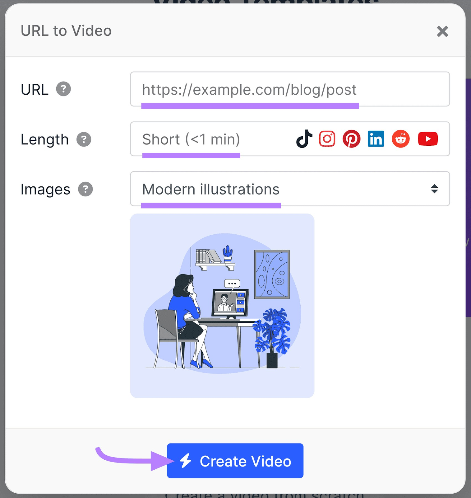"URL to Video" window in Instant Video Creator