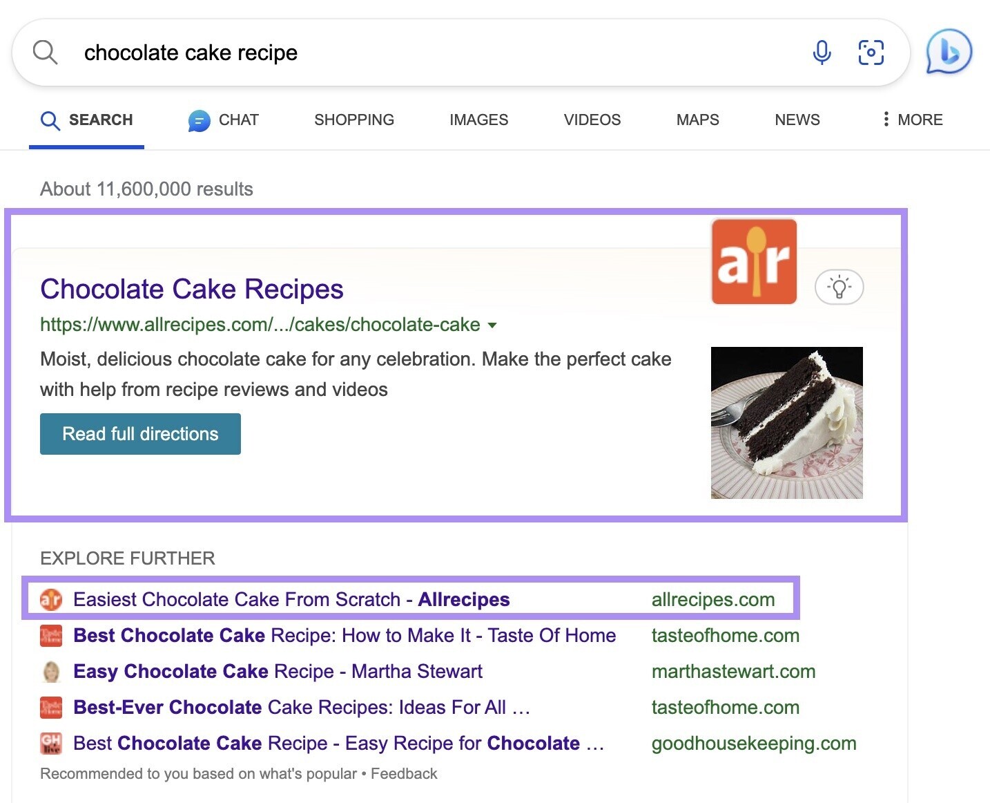 Bing’s first results for “chocolate cake recipe” is from "All Recipes"